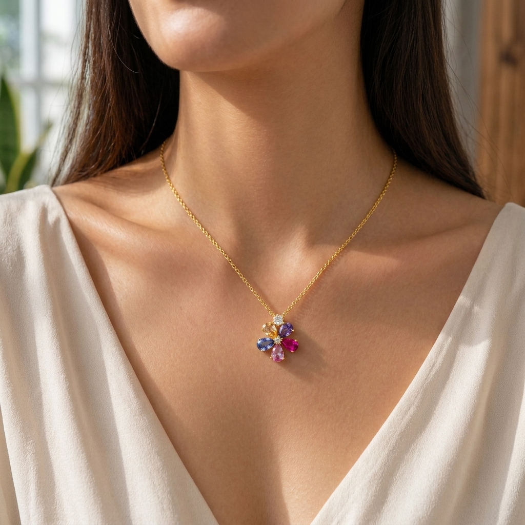 Florea Blue Sapphire, Purple sapphire, Pink Sapphire, Champagne Sapphire & Diamond Flower Pendant Necklace in Gold