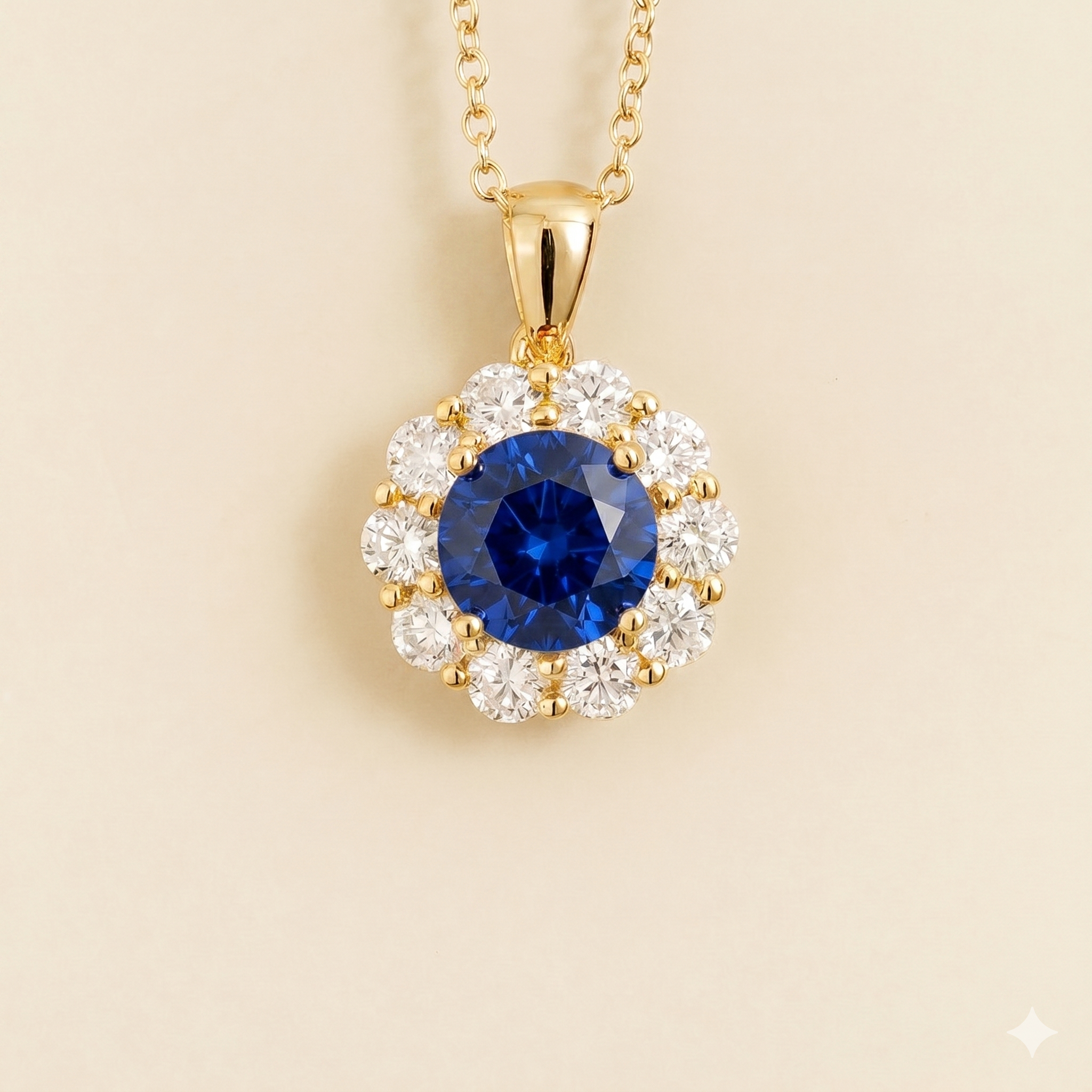 Floret Blue Sapphire Round & Diamond Halo Pendant Necklace in Gold