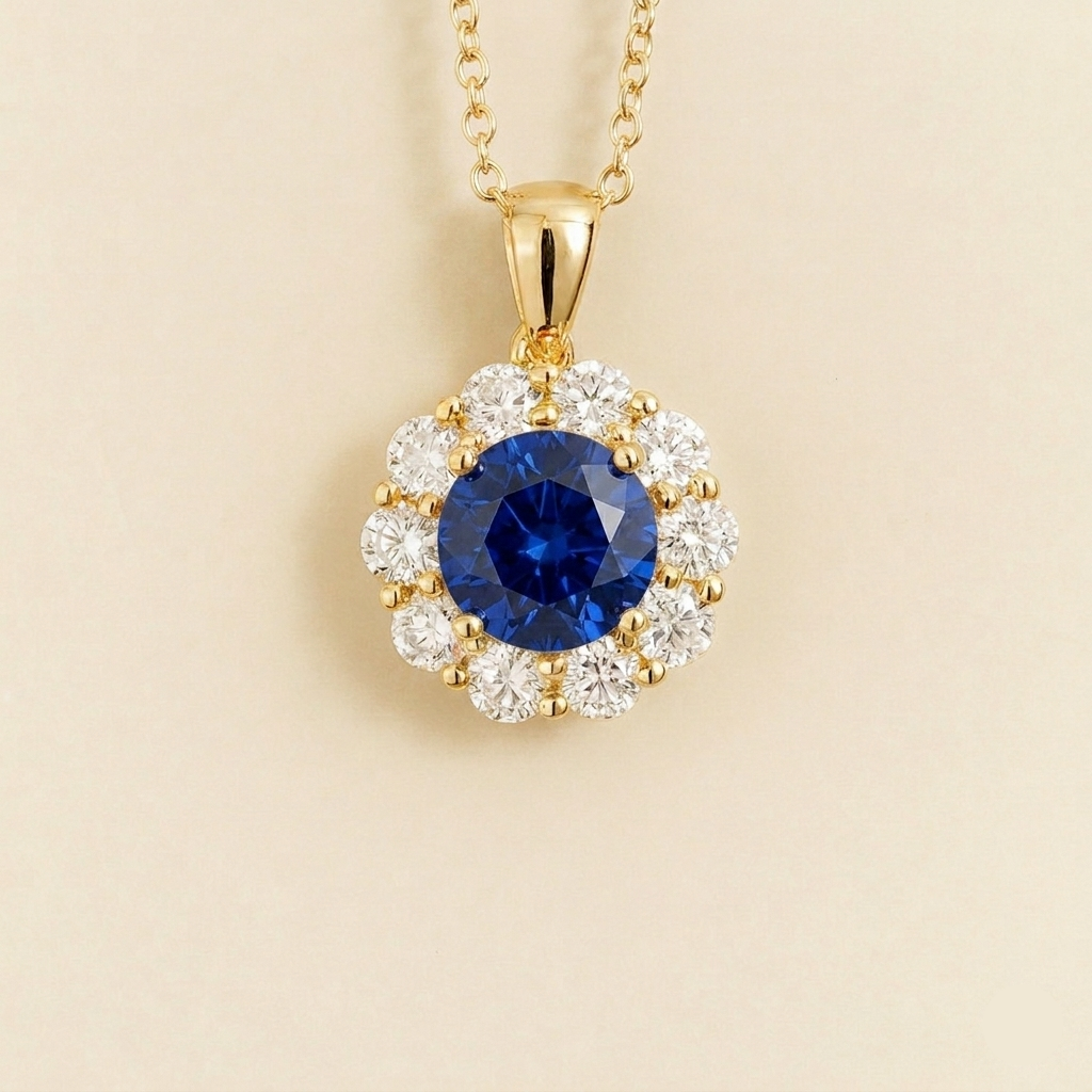 Round lab-grown blue sapphire and diamond halo pendant necklace, Floret design in gold | Juvetti London