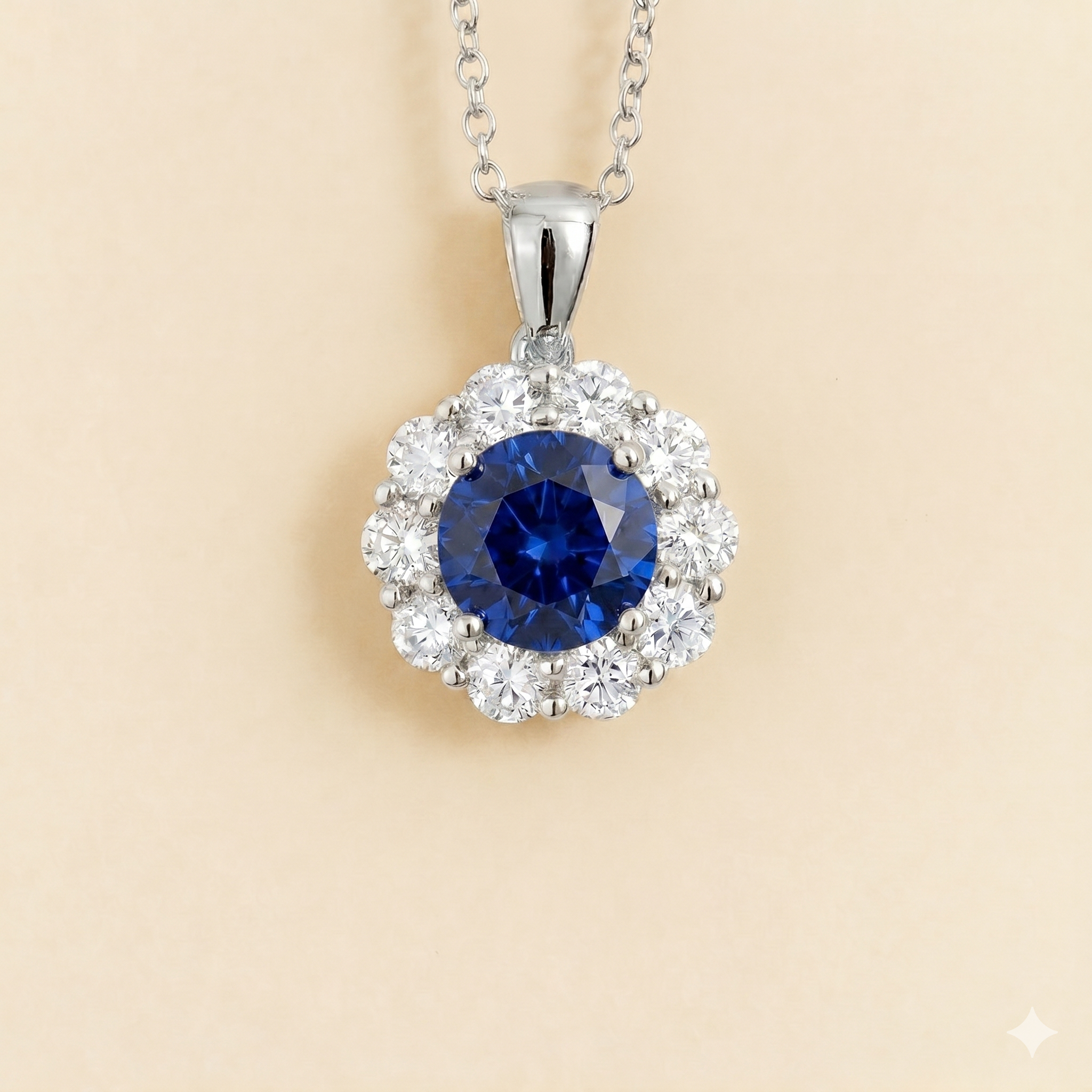 Floret Blue Sapphire Round & Diamond Halo Pendant Necklace in White Gold