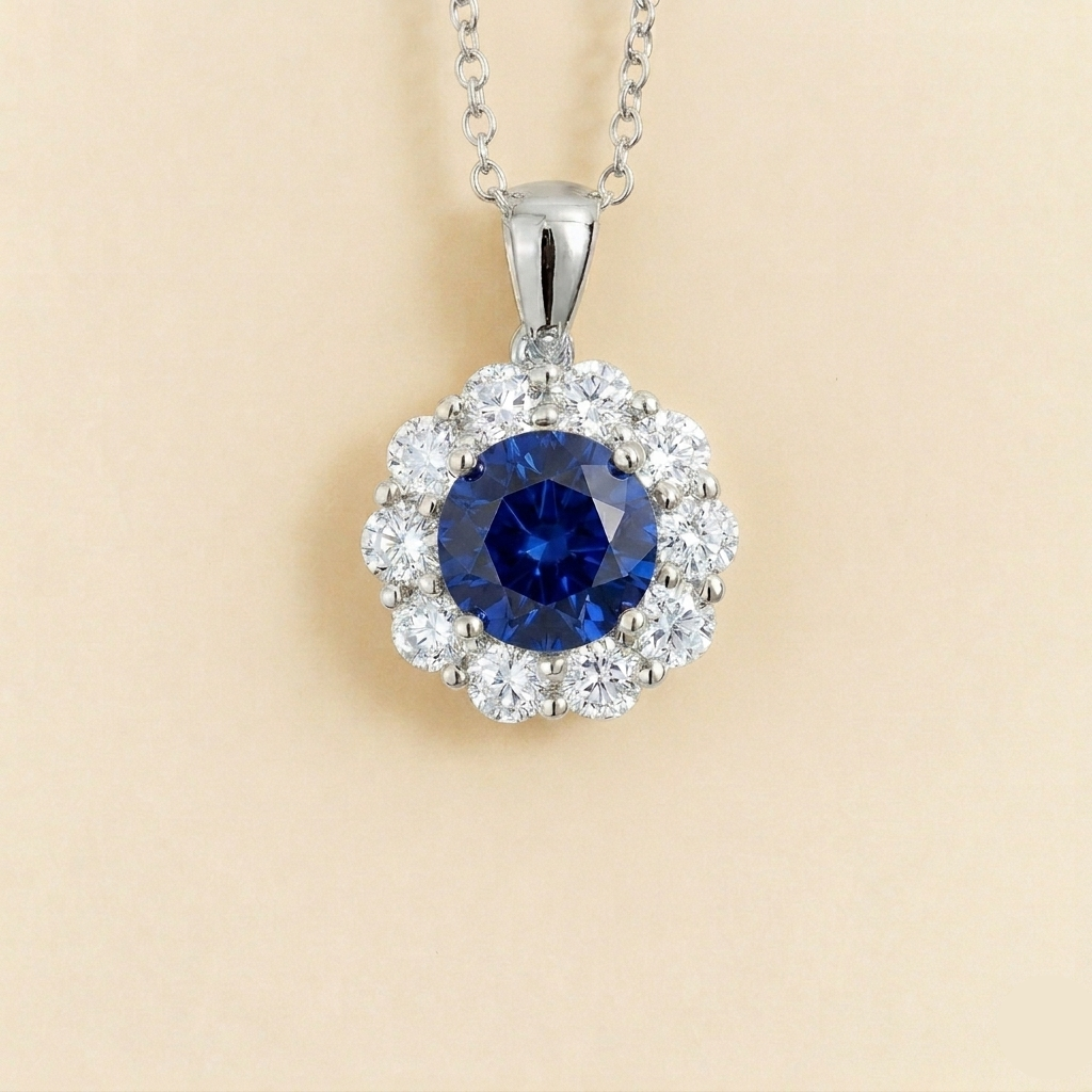 Round lab-grown blue sapphire and diamond halo pendant necklace, Floret design in white gold | Juvetti London