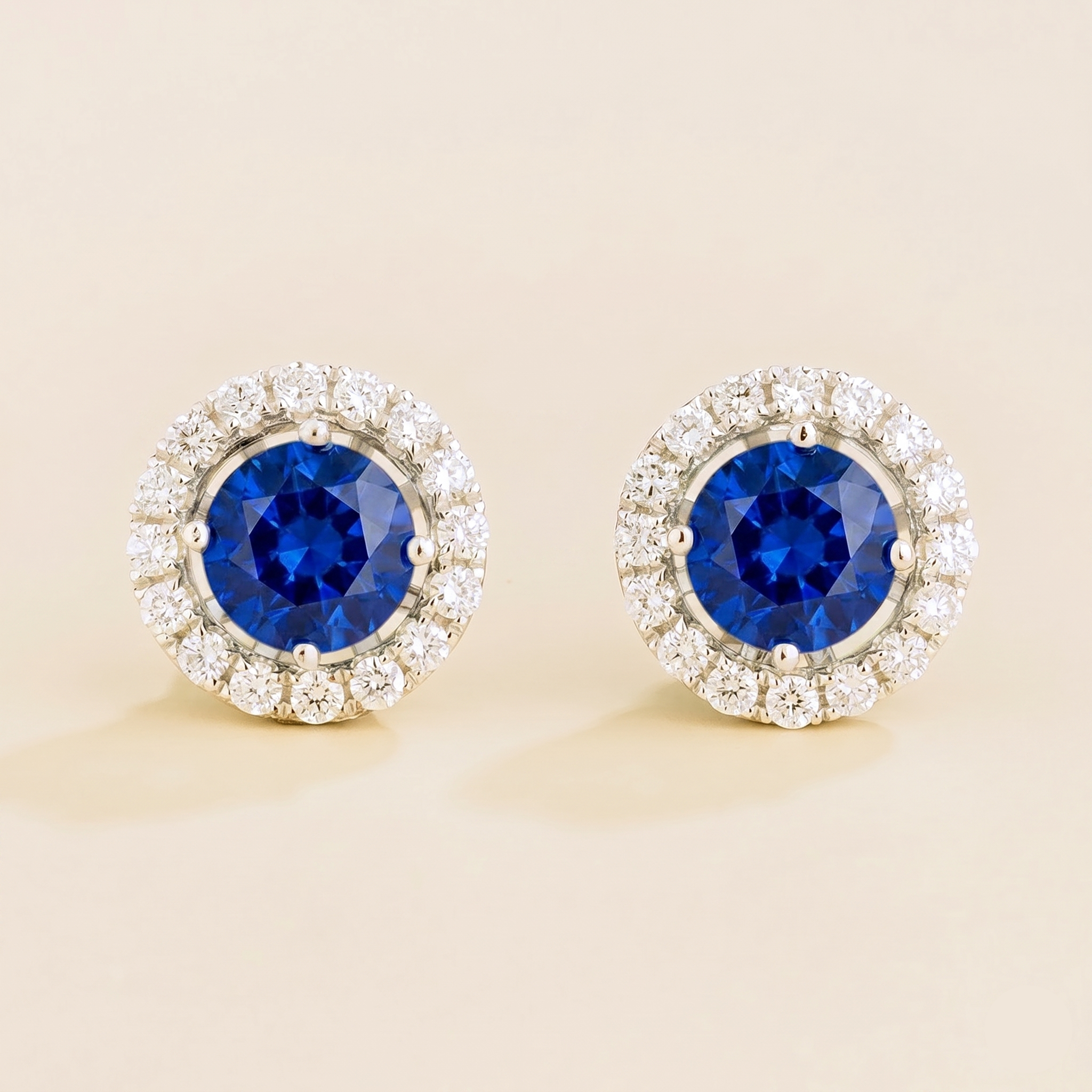 Floret Blue Sapphire Round & Diamond Halo Stud Earrings in White Gold