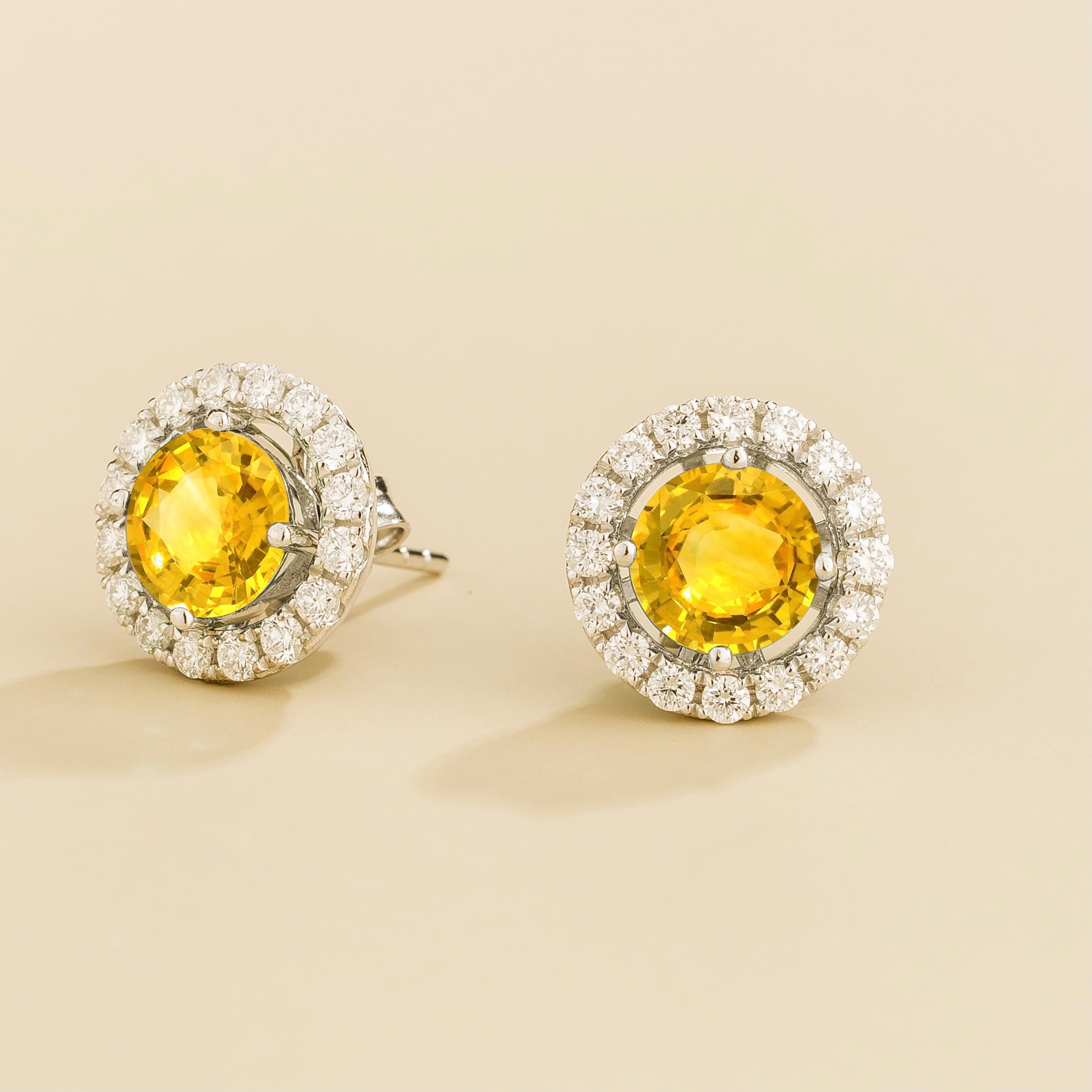 Lab-Created Yellow Sapphire & Diamond Halo Earrings in White Gold – Ethical Fine Jewellery