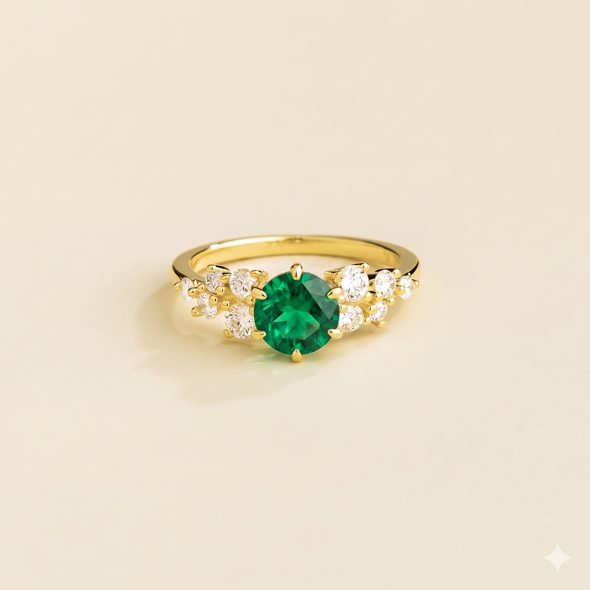 Floret Emerald Round & Diamond Cluster Ring in Gold