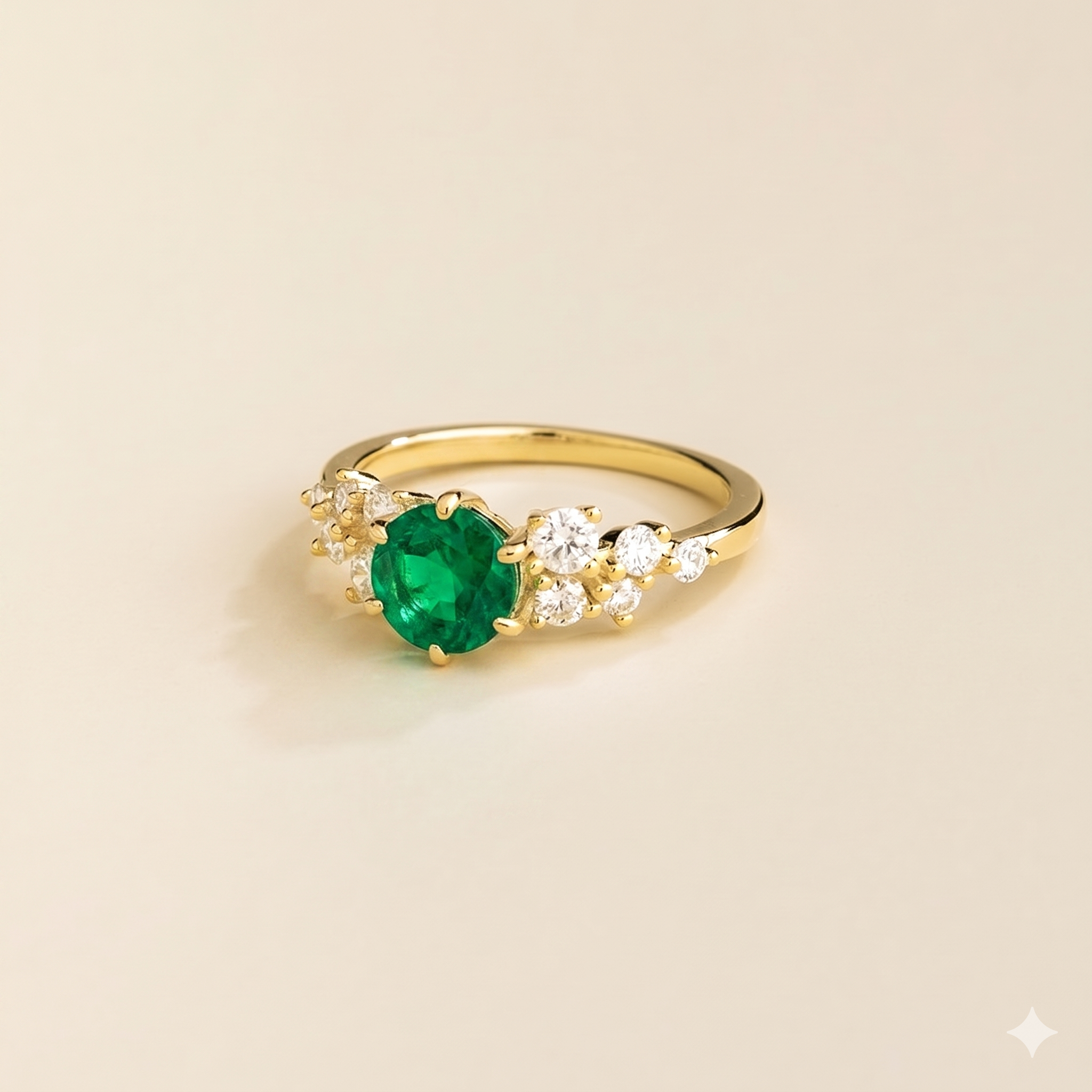 Floret Emerald Round & Diamond Cluster Ring in Gold