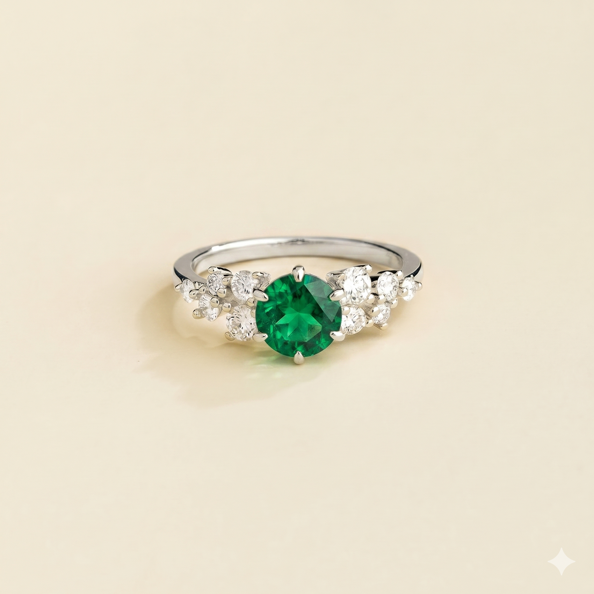 Floret Emerald Round & Diamond Cluster Ring in White Gold