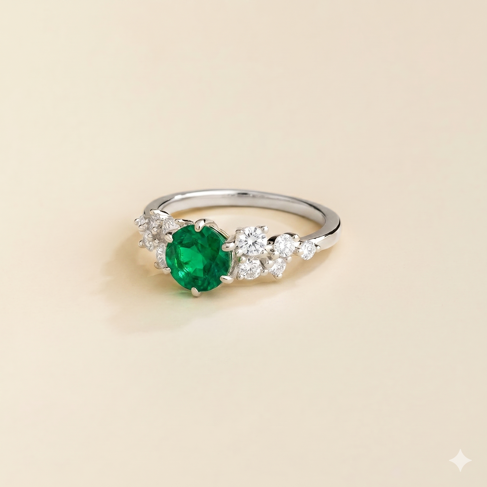 Floret Emerald Round & Diamond Cluster Ring in White Gold