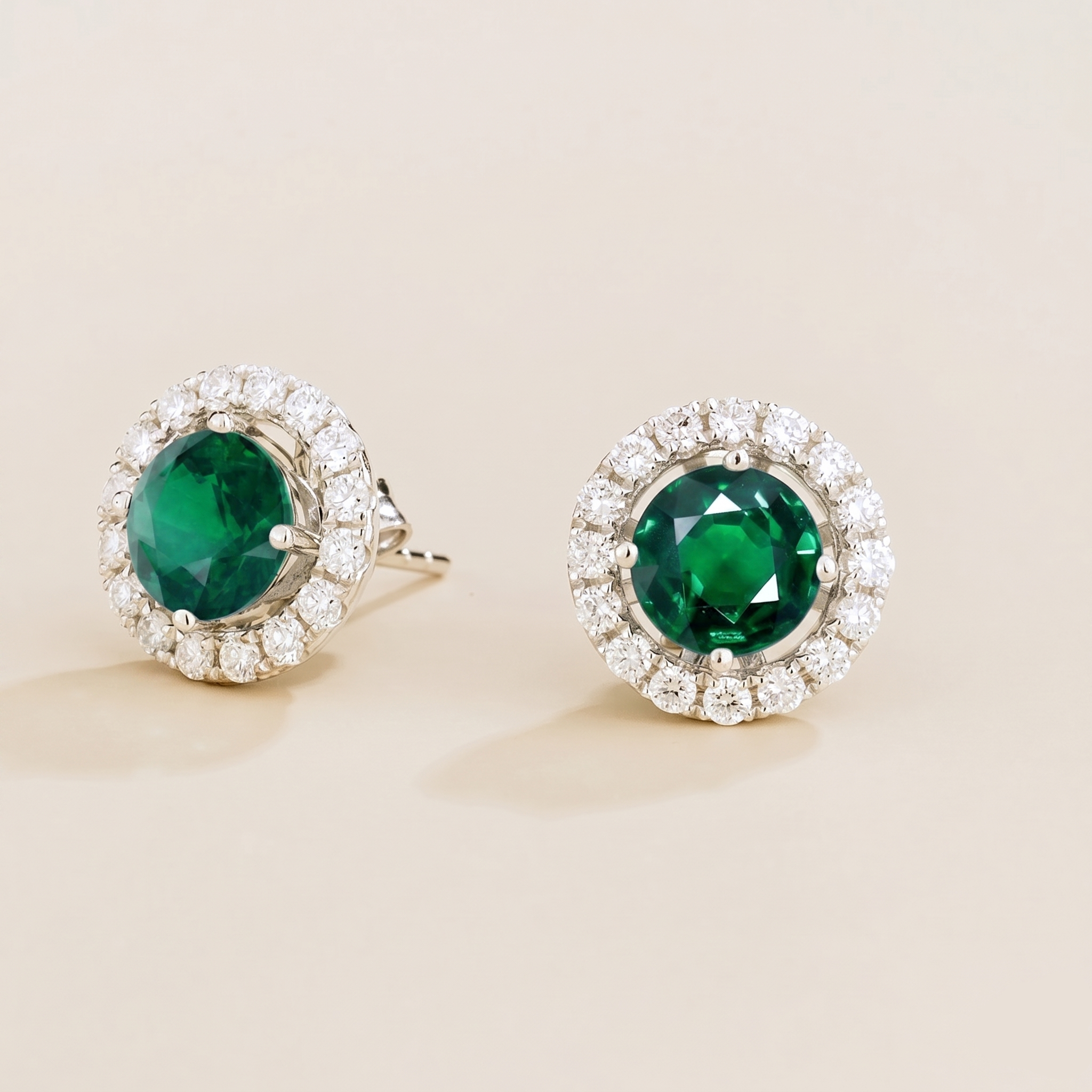 Floret Emerald Round & Diamond Halo Stud Earrings in White Gold