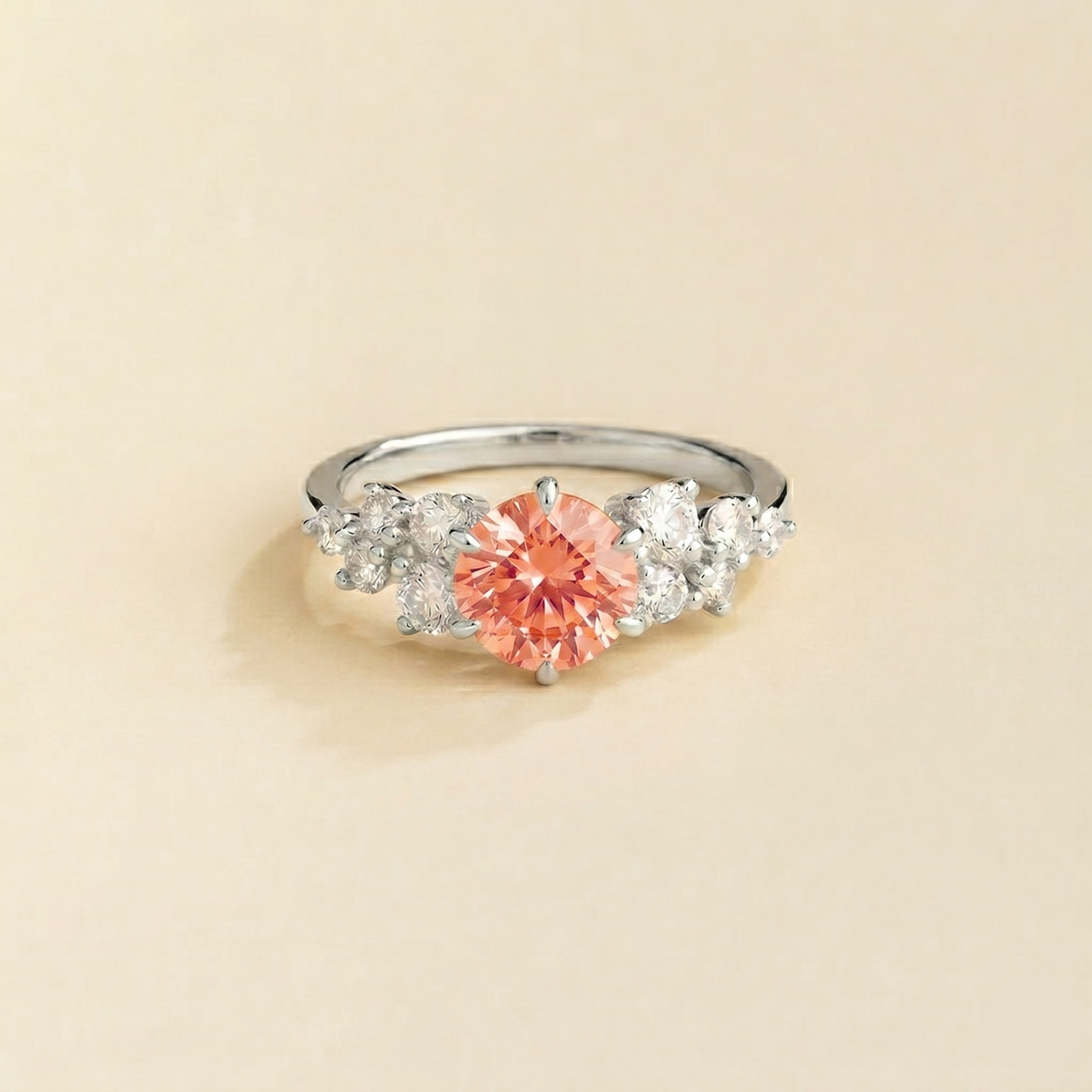 Floret Padparadscha Sapphire Round & Diamond Cluster Ring in White Gold