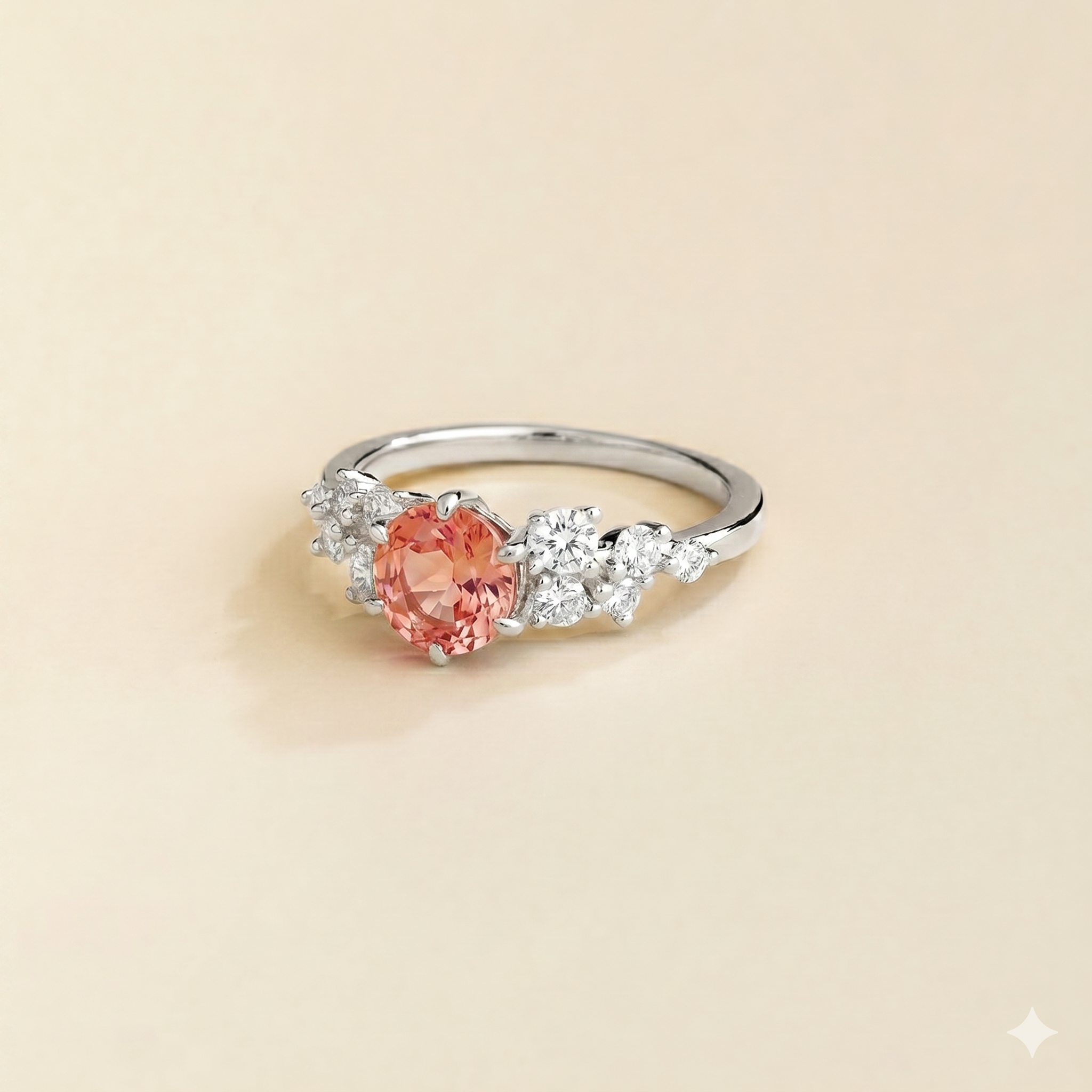 Floret Padparadscha Sapphire Round & Diamond Cluster Ring in White Gold