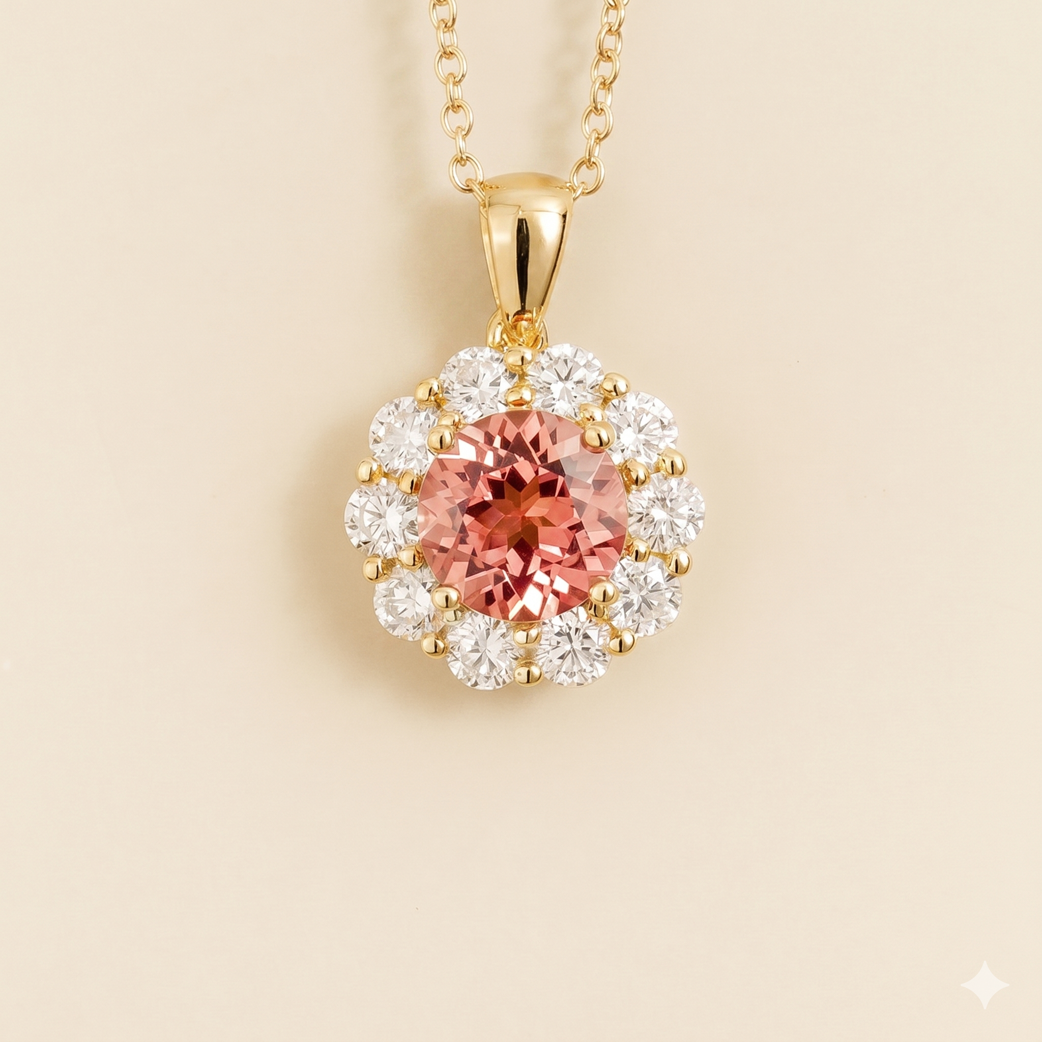 Floret Padparadscha Sapphire Round & Diamond Halo Pendant Necklace in Gold