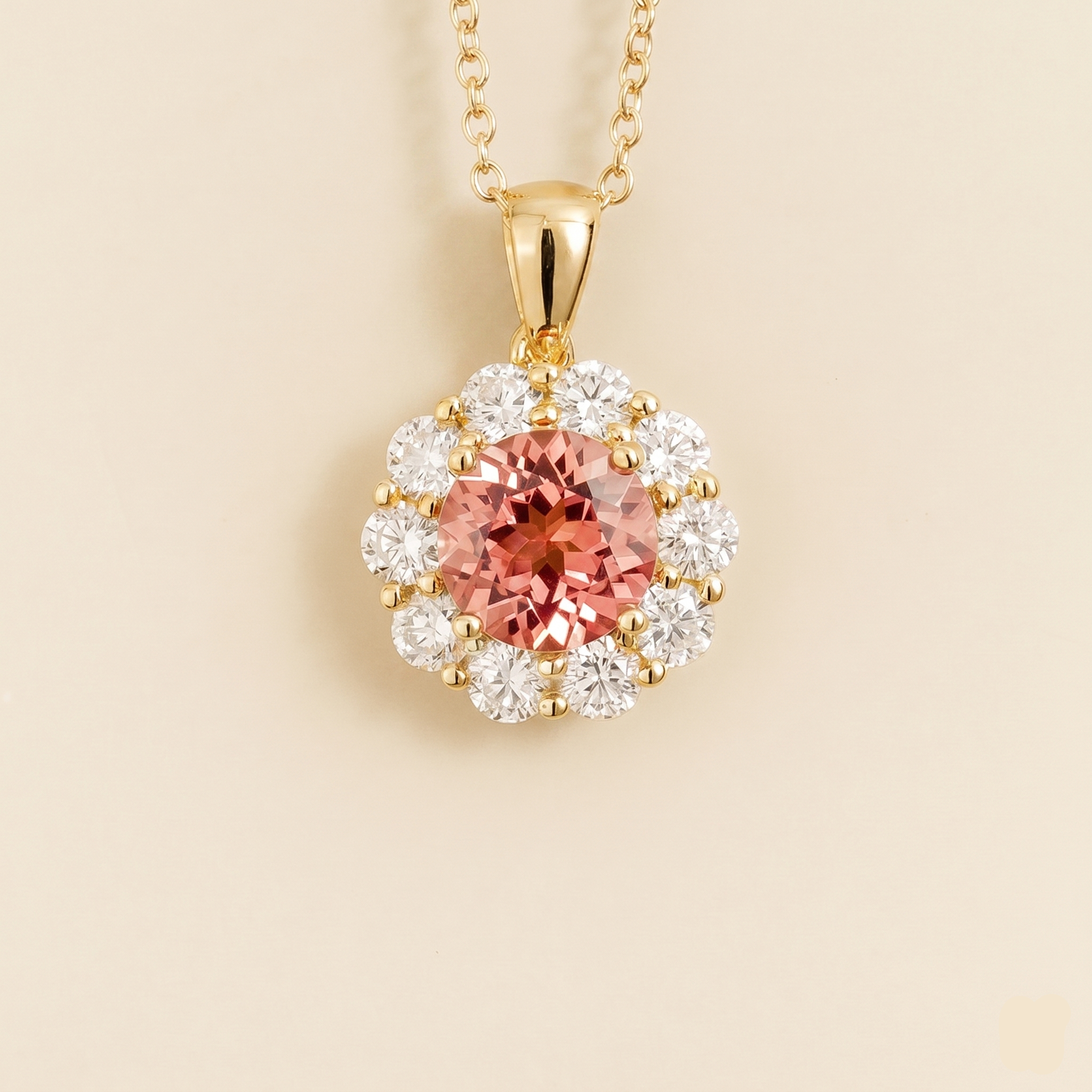 Round lab-grown padparadscha sapphire and diamond halo pendant necklace, Floret design in gold | Juvetti London