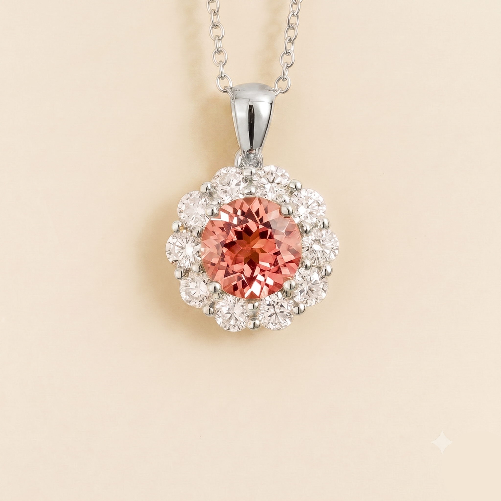 Round lab-grown padparadscha sapphire and diamond halo pendant necklace, Floret design in white gold | Juvetti London