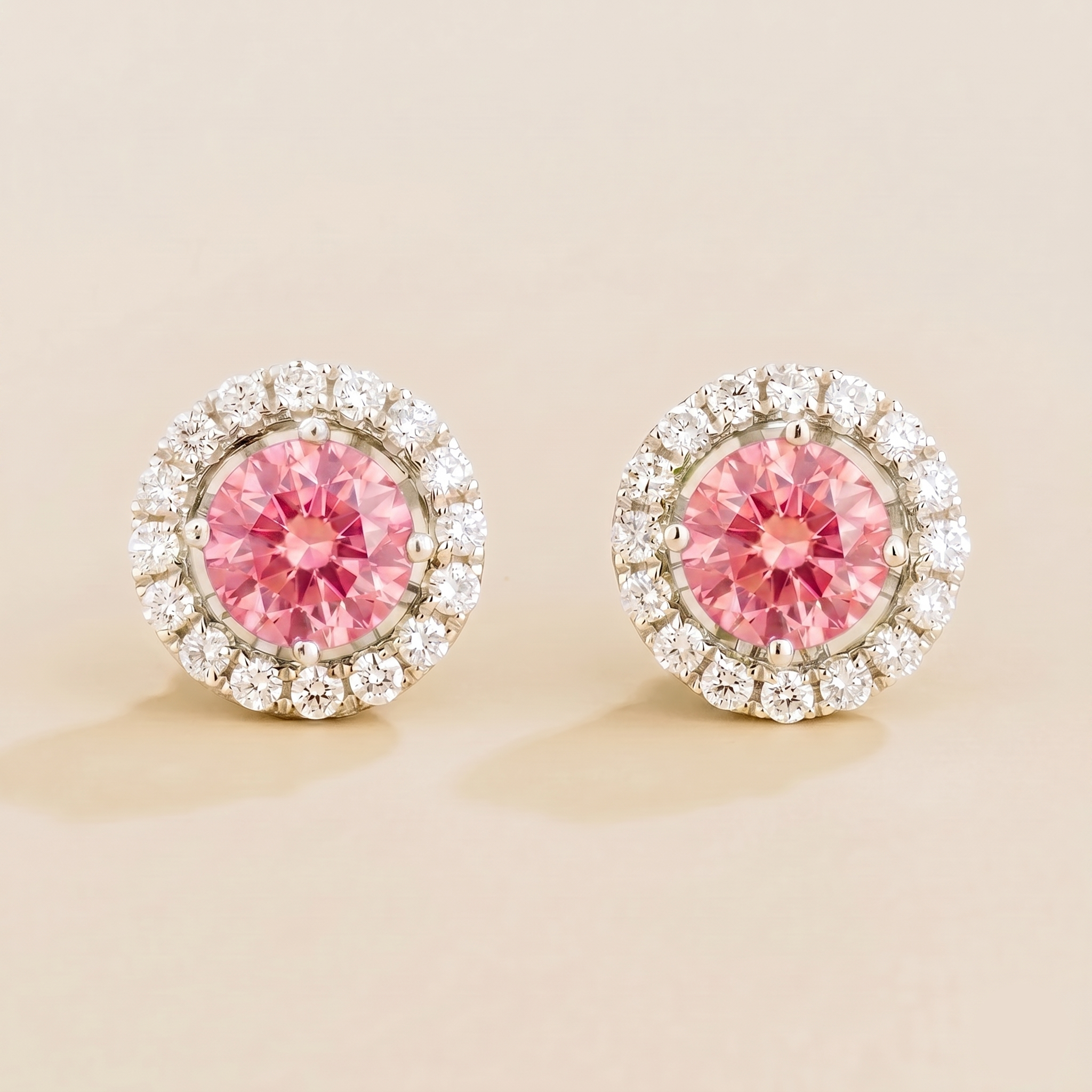 Floret Padparadscha Sapphire Round & Diamond Halo Stud Earrings in White Gold