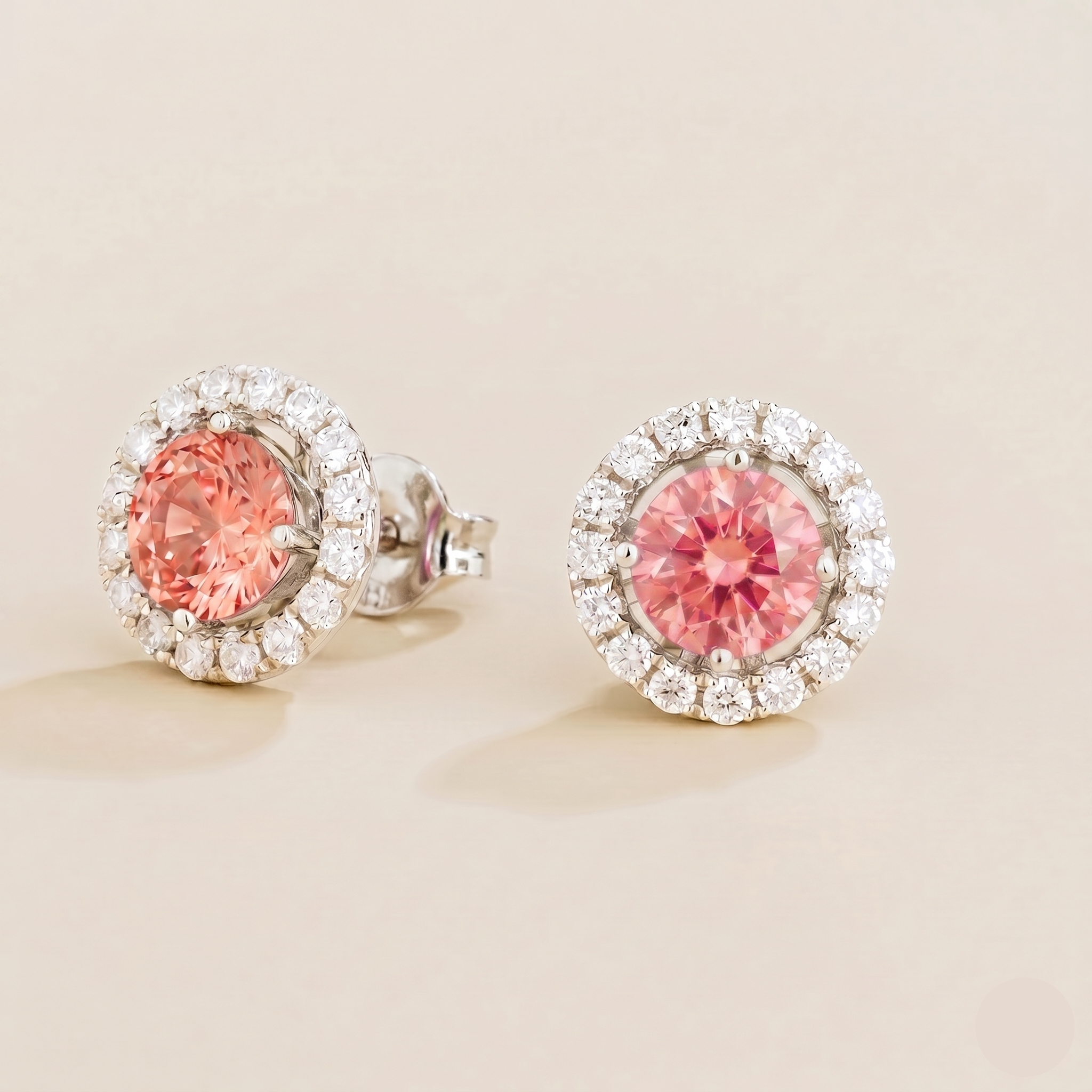 Floret Padparadscha Sapphire Round & Diamond Halo Stud Earrings in White Gold