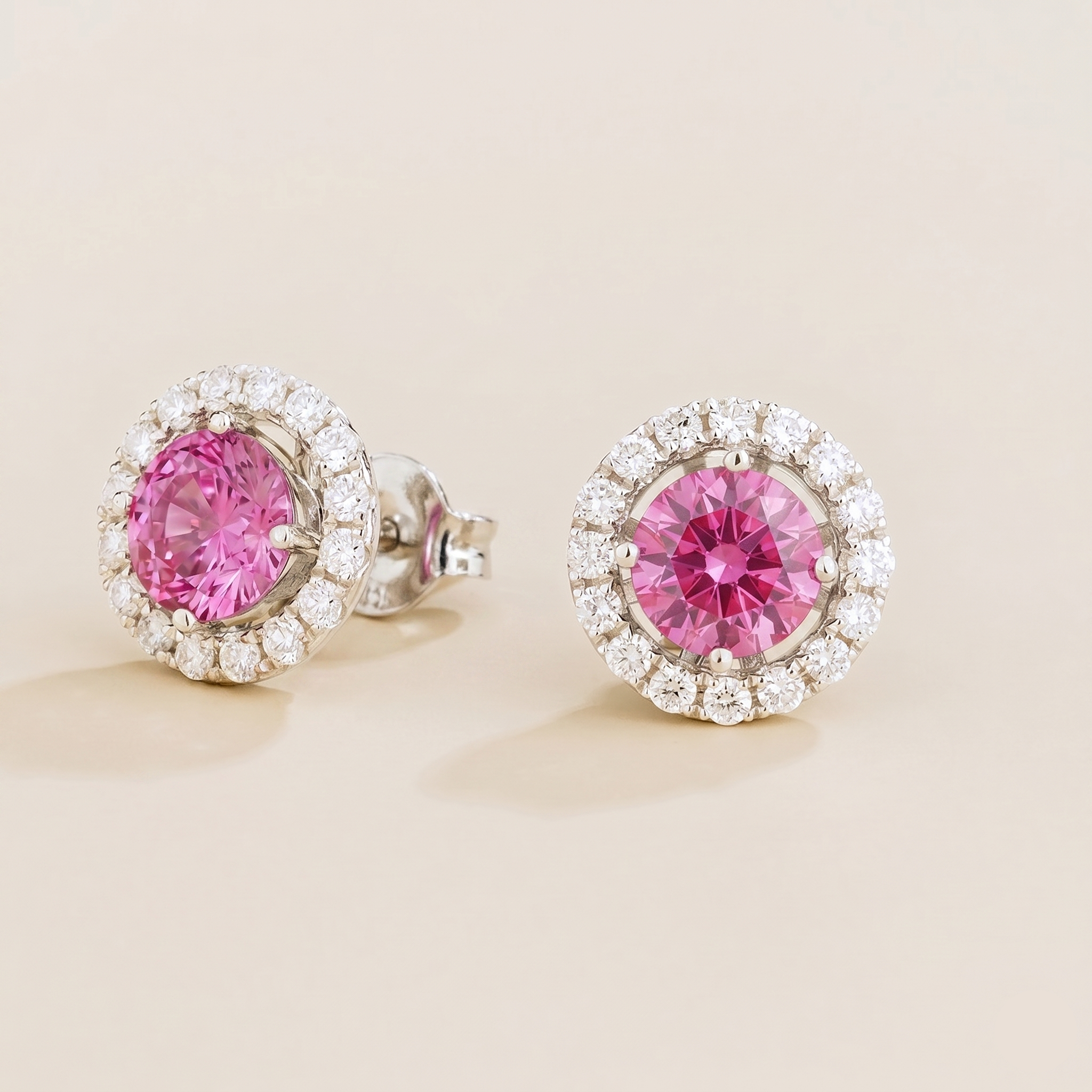Floret Pastel Pink Sapphire Round & Diamond Halo Stud Earrings in White Gold