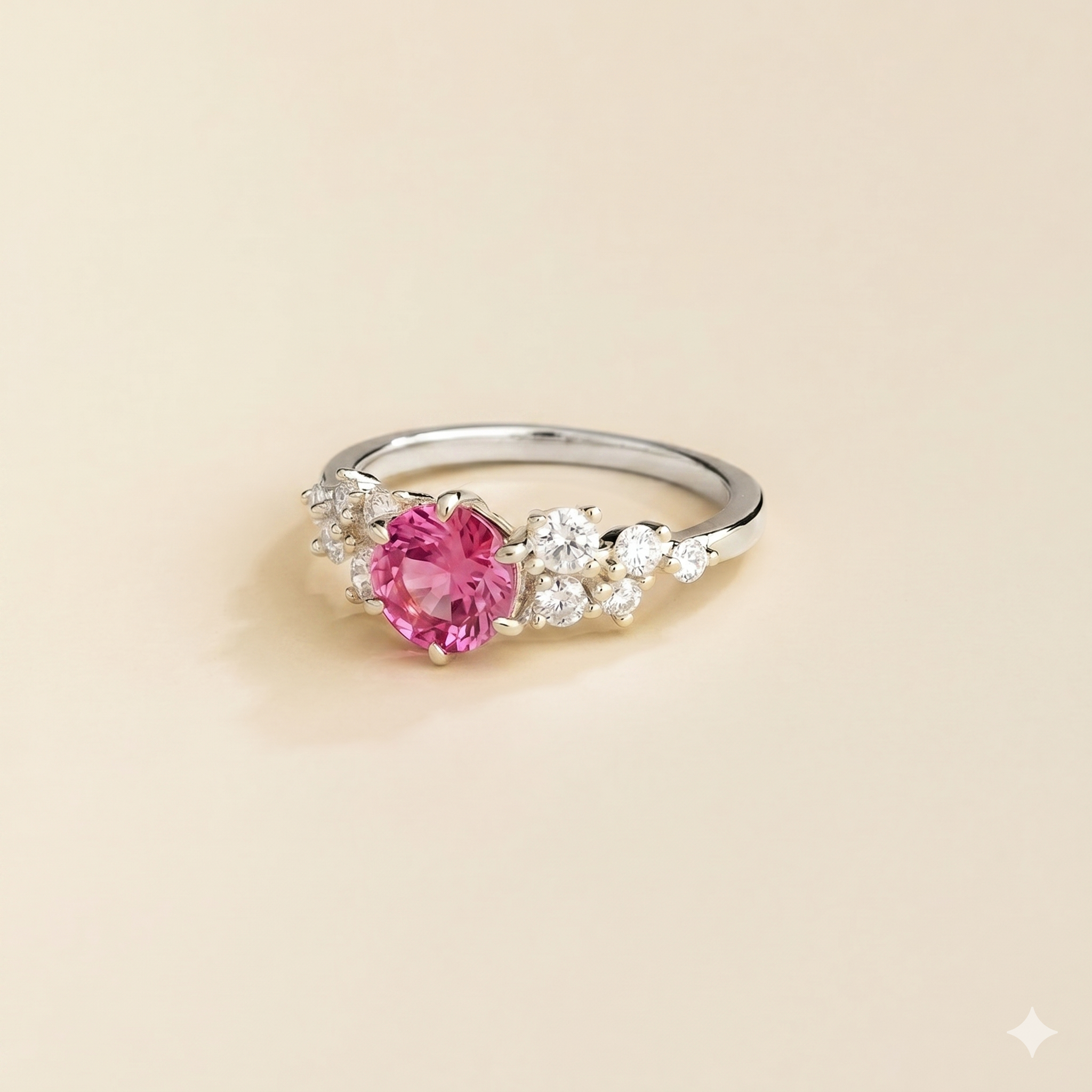 Floret Pink Sapphire Round & Diamond Cluster Ring in White Gold