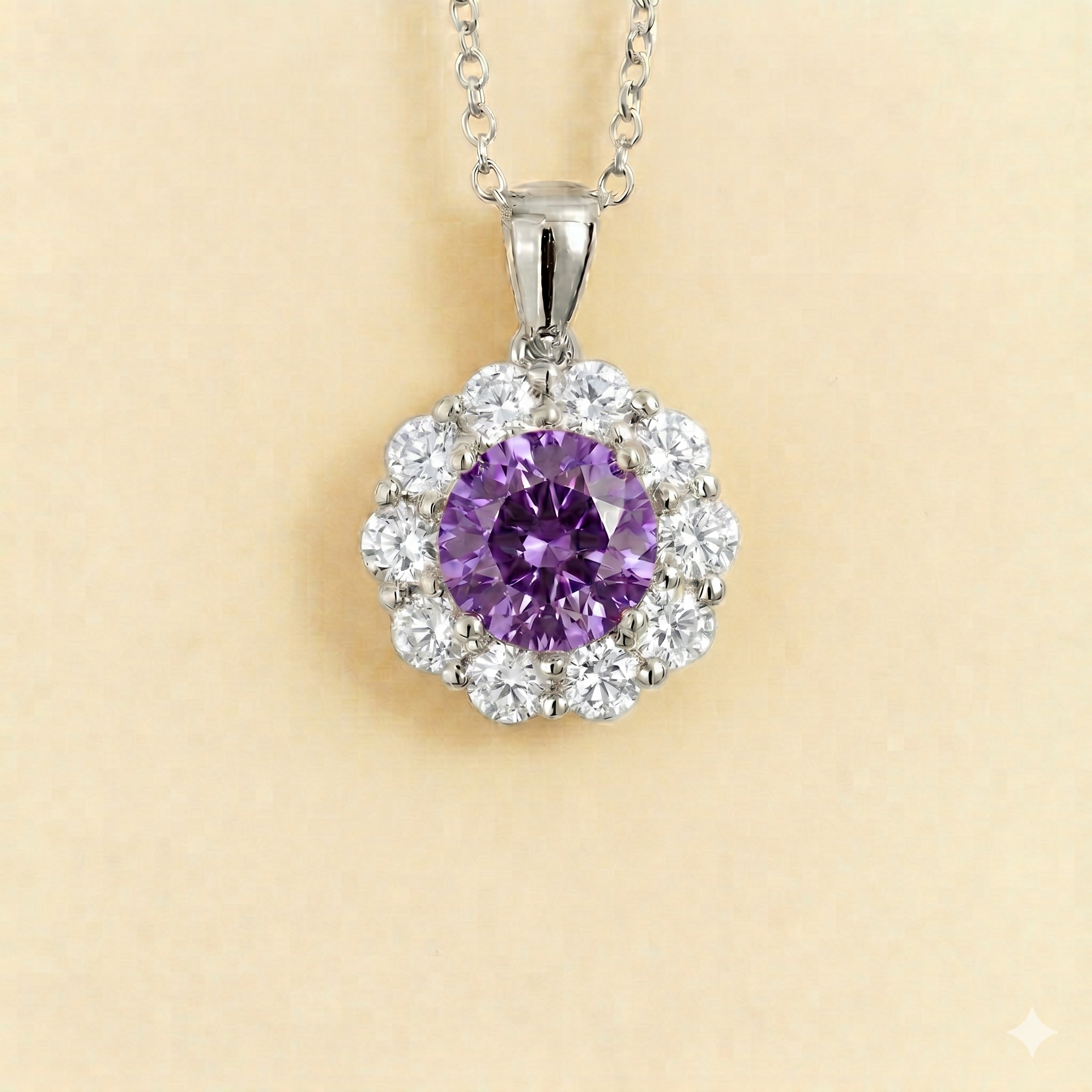 Floret Purple Sapphire Round & Diamond Halo Pendant Necklace in White Gold