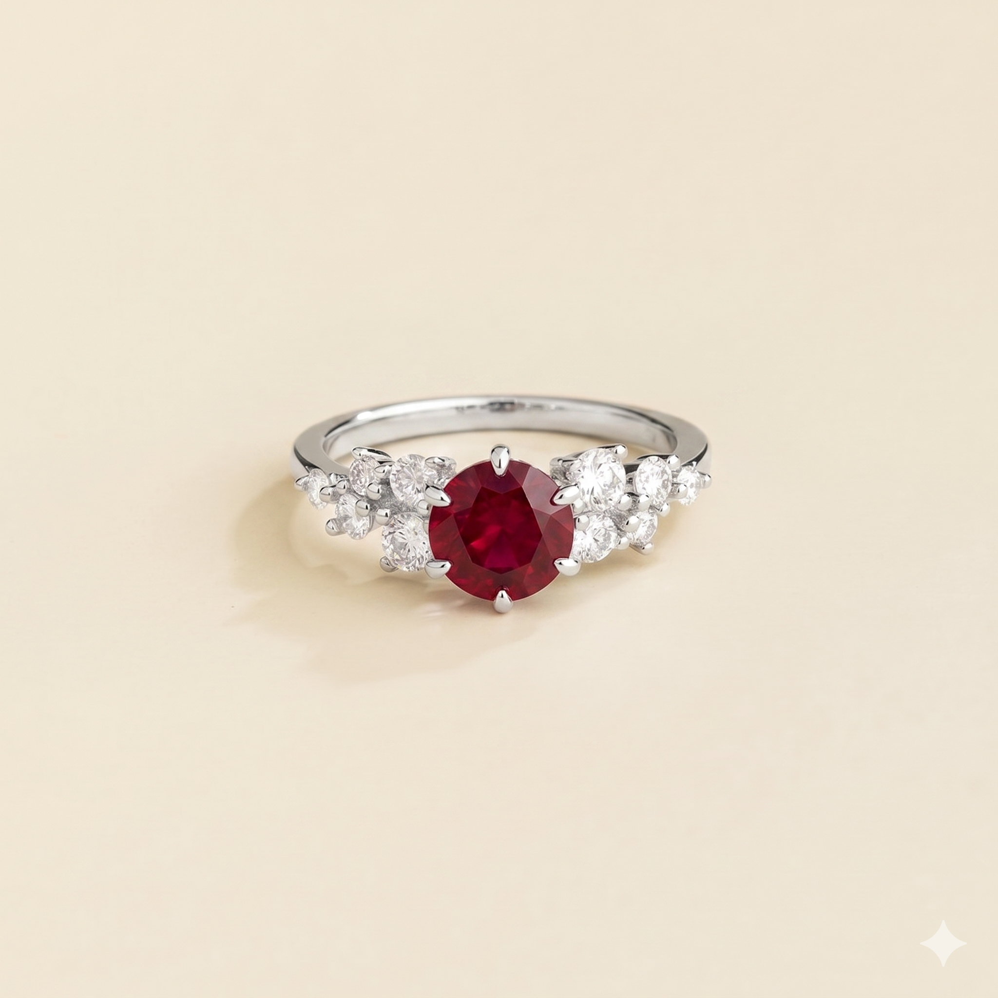 Floret Ruby Round & Diamond Cluster Ring in White Gold