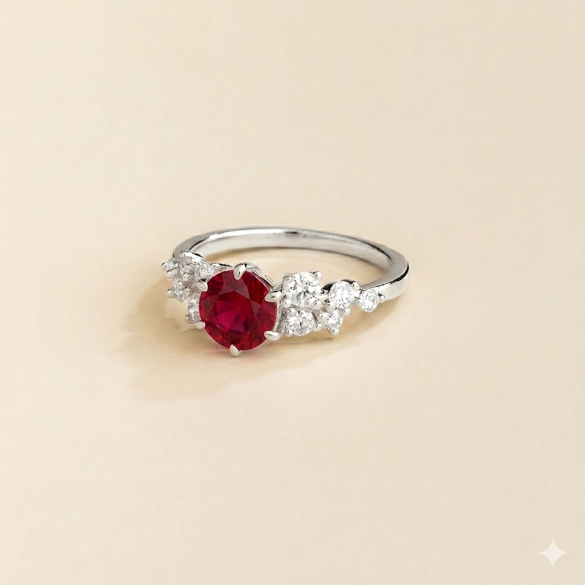 Floret Ruby Round & Diamond Cluster Ring in White Gold