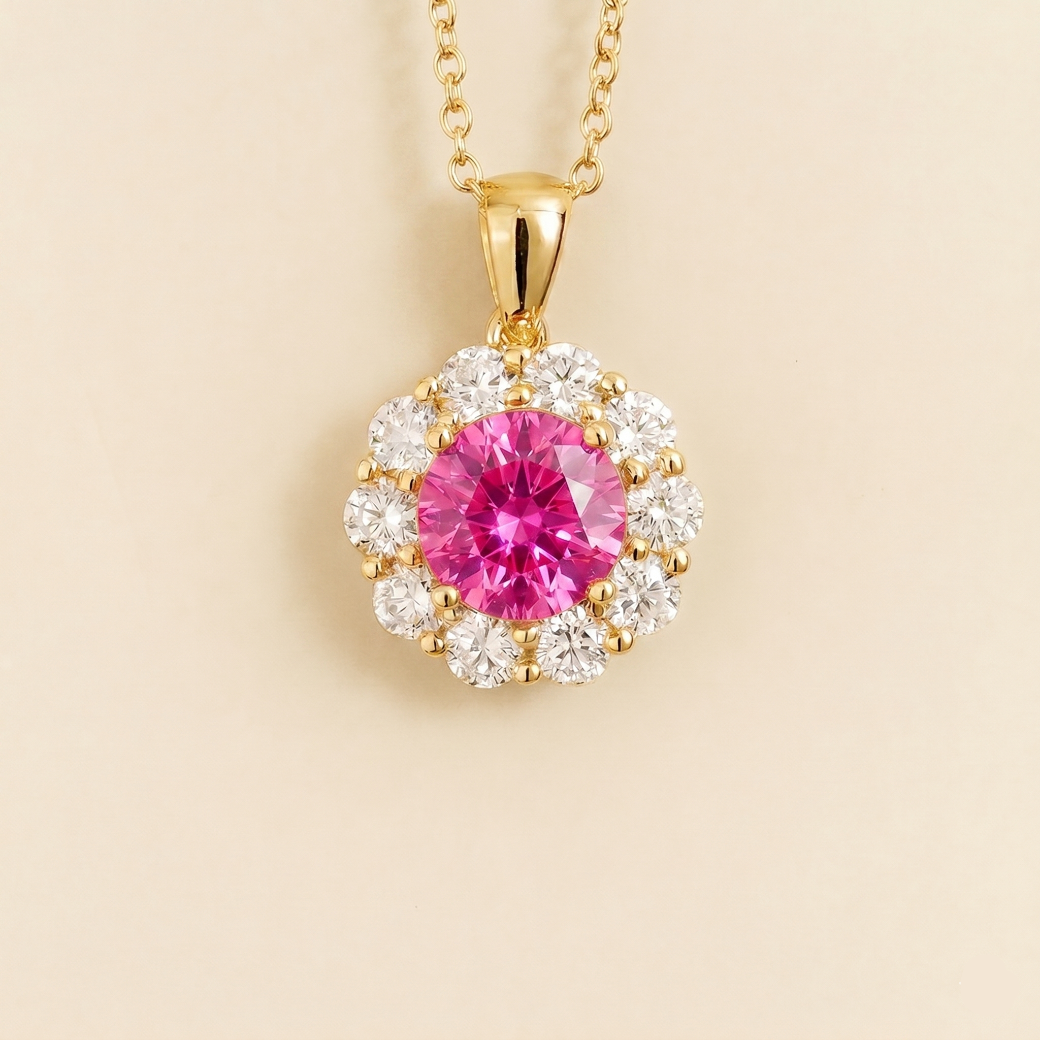 Floret Vivid Hot Pink Sapphire Round & Diamond Halo Pendant Necklace in Gold