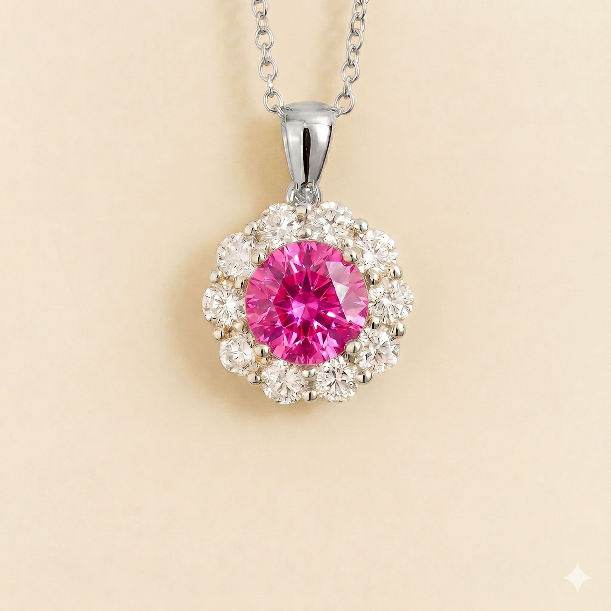 Floret Vivid Hot Pink Sapphire Round & Diamond Halo Pendant Necklace in White Gold