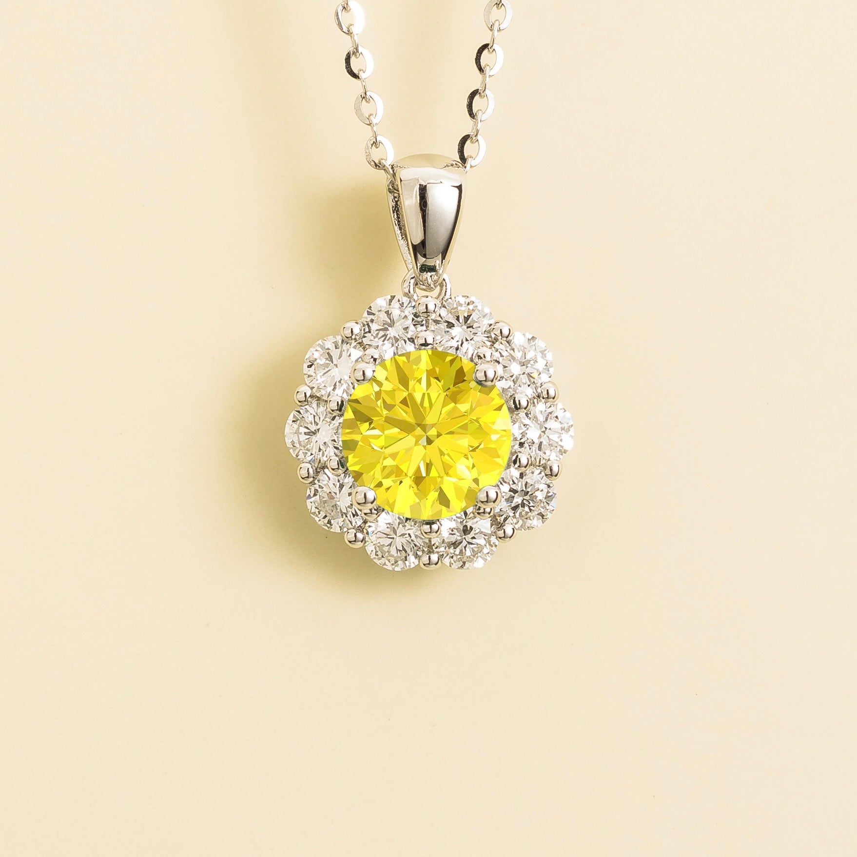 Floret White Gold Necklace Set With Round Yellow Sapphire & Halo Diamonds