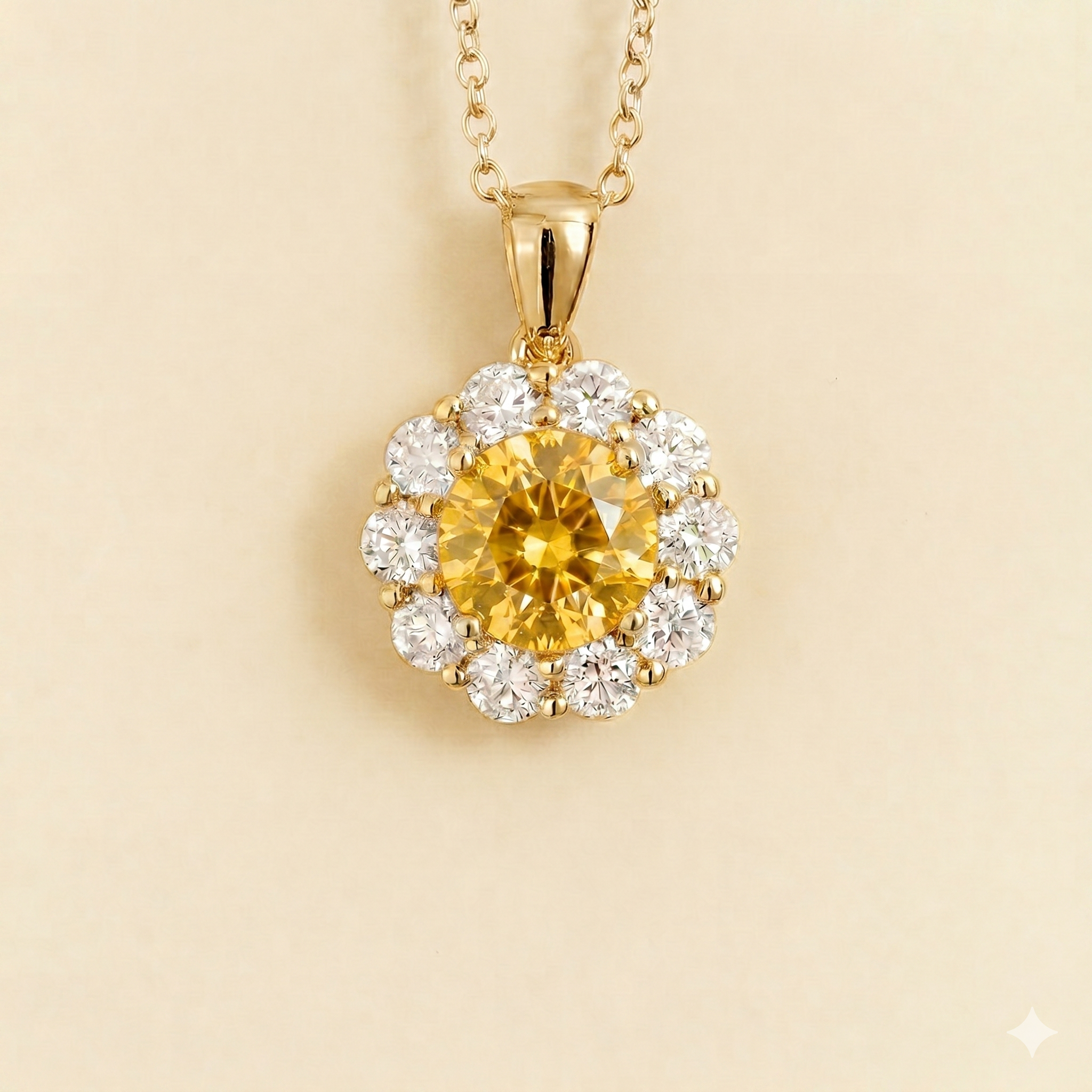 Floret Yellow Sapphire Round & Diamond Halo Pendant Necklace in Gold