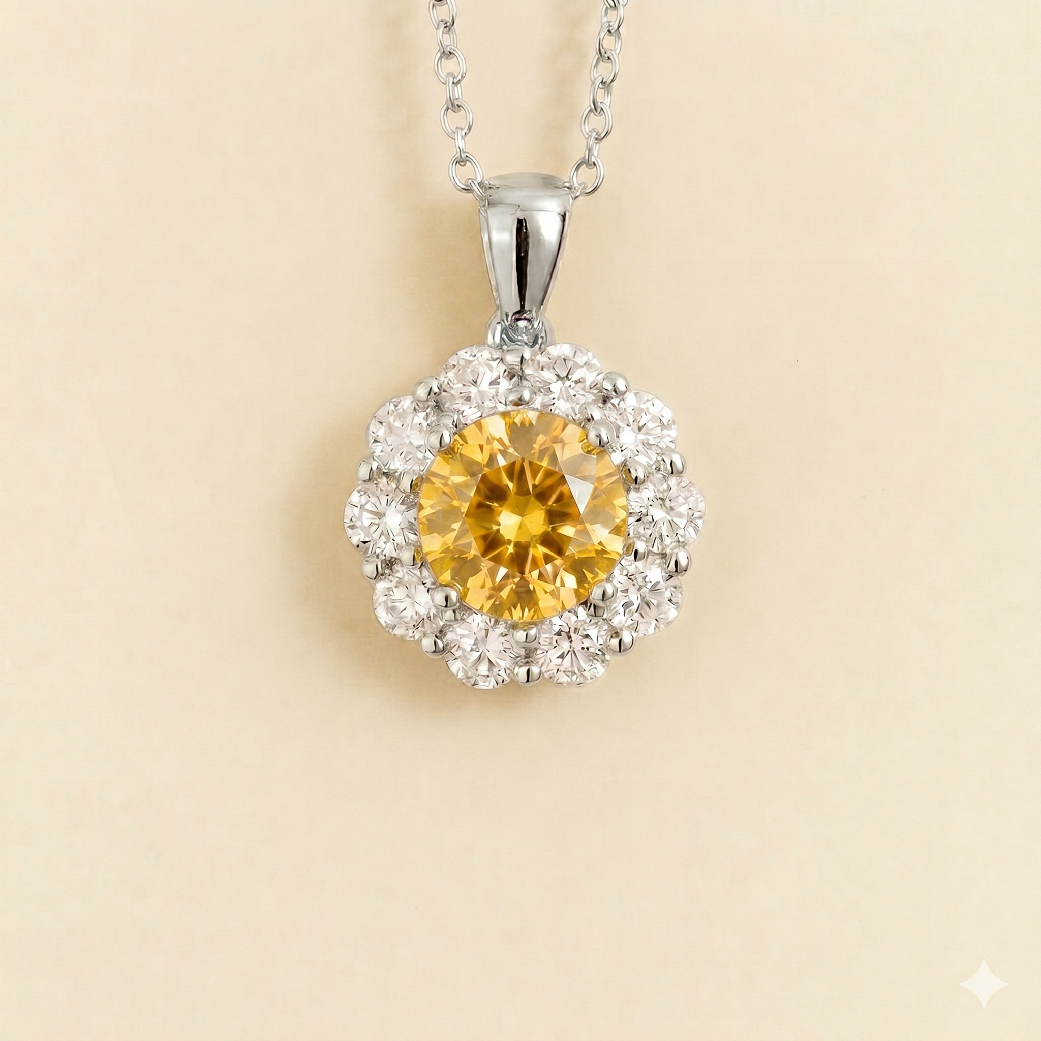 Floret Yellow Sapphire Round & Diamond Halo Pendant Necklace in White Gold