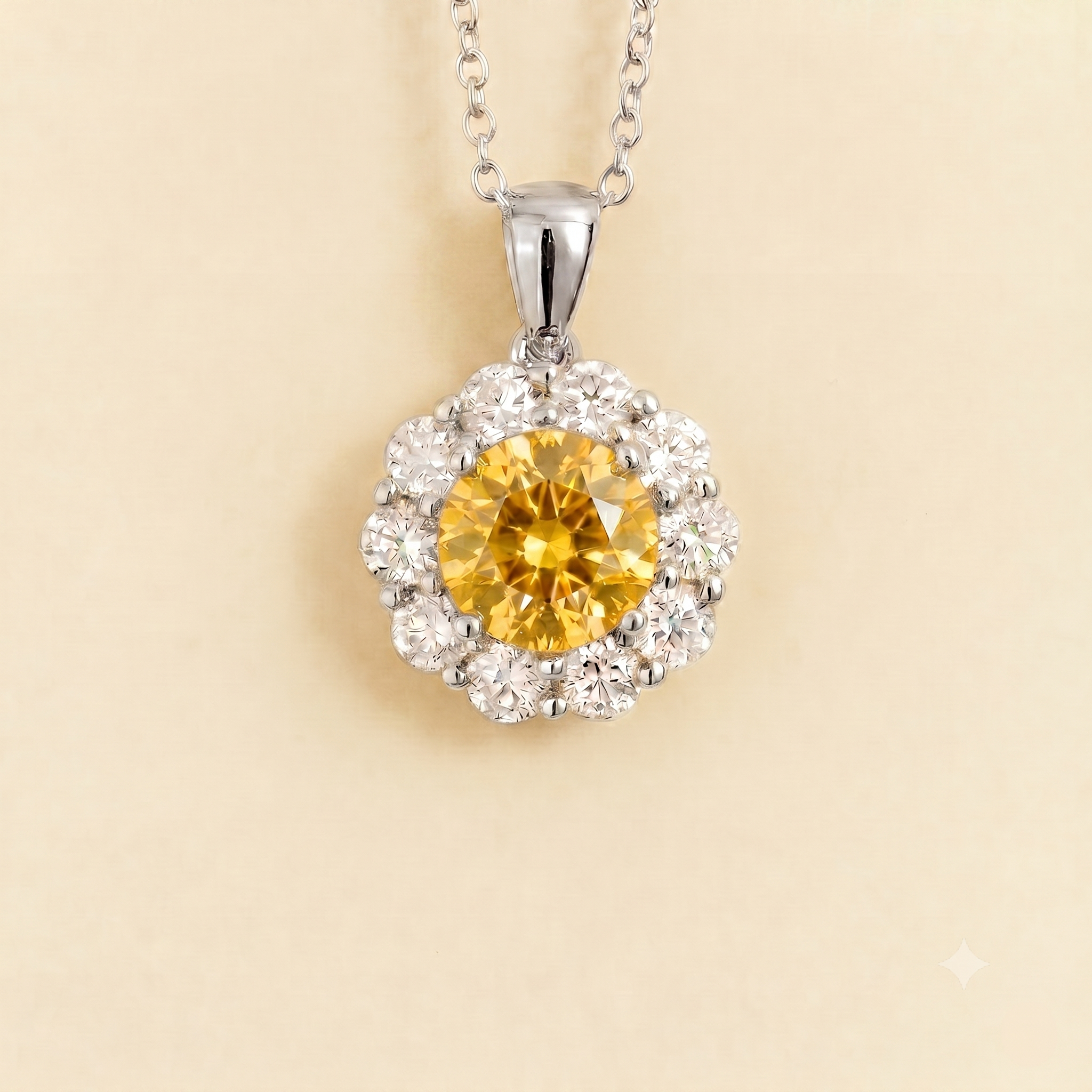 Round lab-grown yellow sapphire and diamond halo pendant necklace, Floret design in white gold | Juvetti London