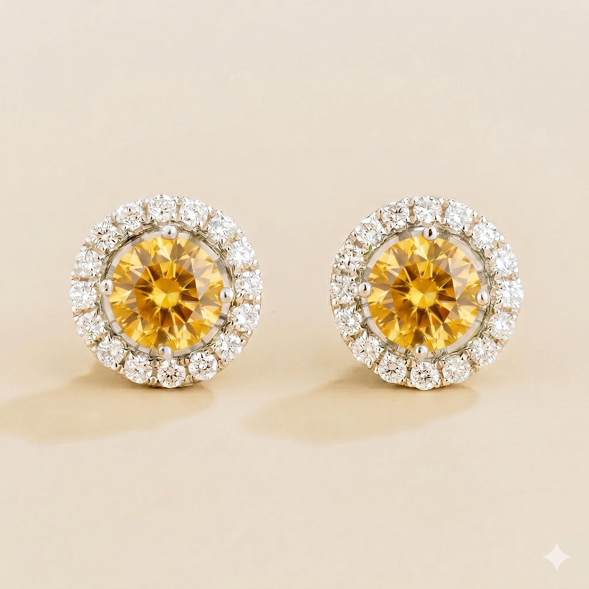 Floret Yellow Sapphire Round & Diamond Halo Stud Earrings in White Gold