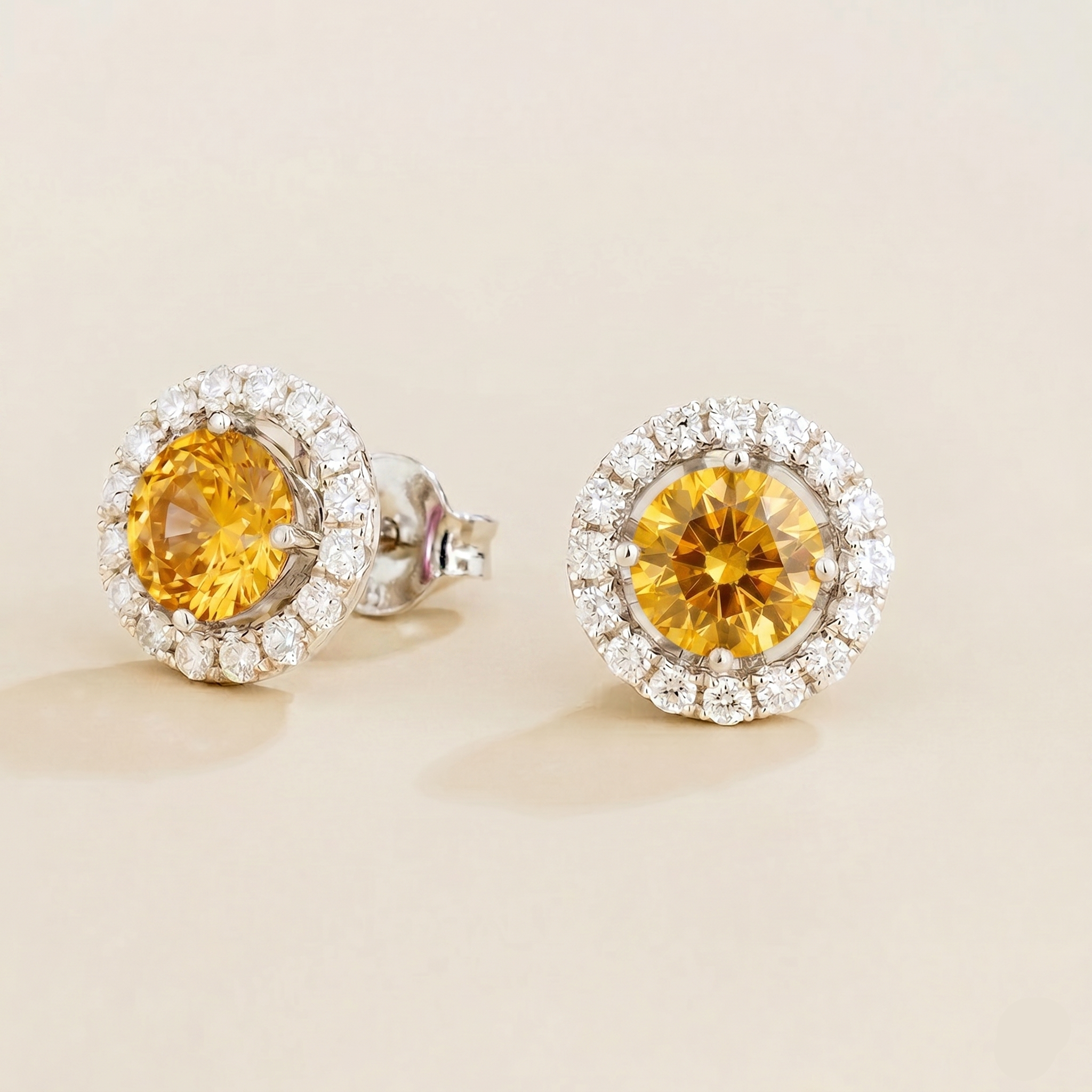 Floret Yellow Sapphire Round & Diamond Halo Stud Earrings in White Gold