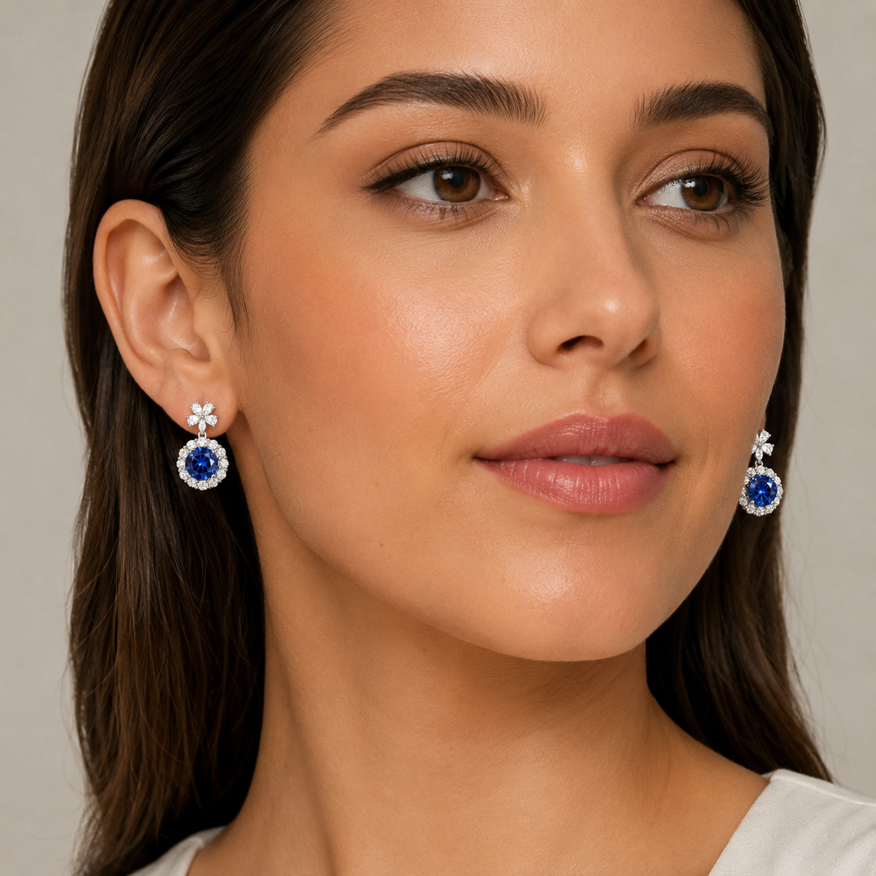 Round Blue Sapphire Halo Pendant Earrings with Flower Bail in White Gold