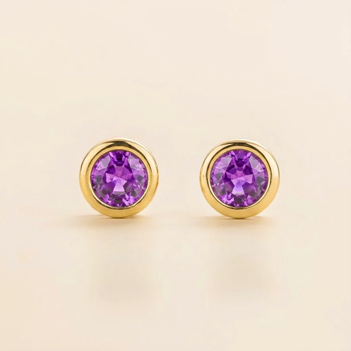 Margo Purple Sapphire Round Bezel Set Earrings in Gold | Juvetti