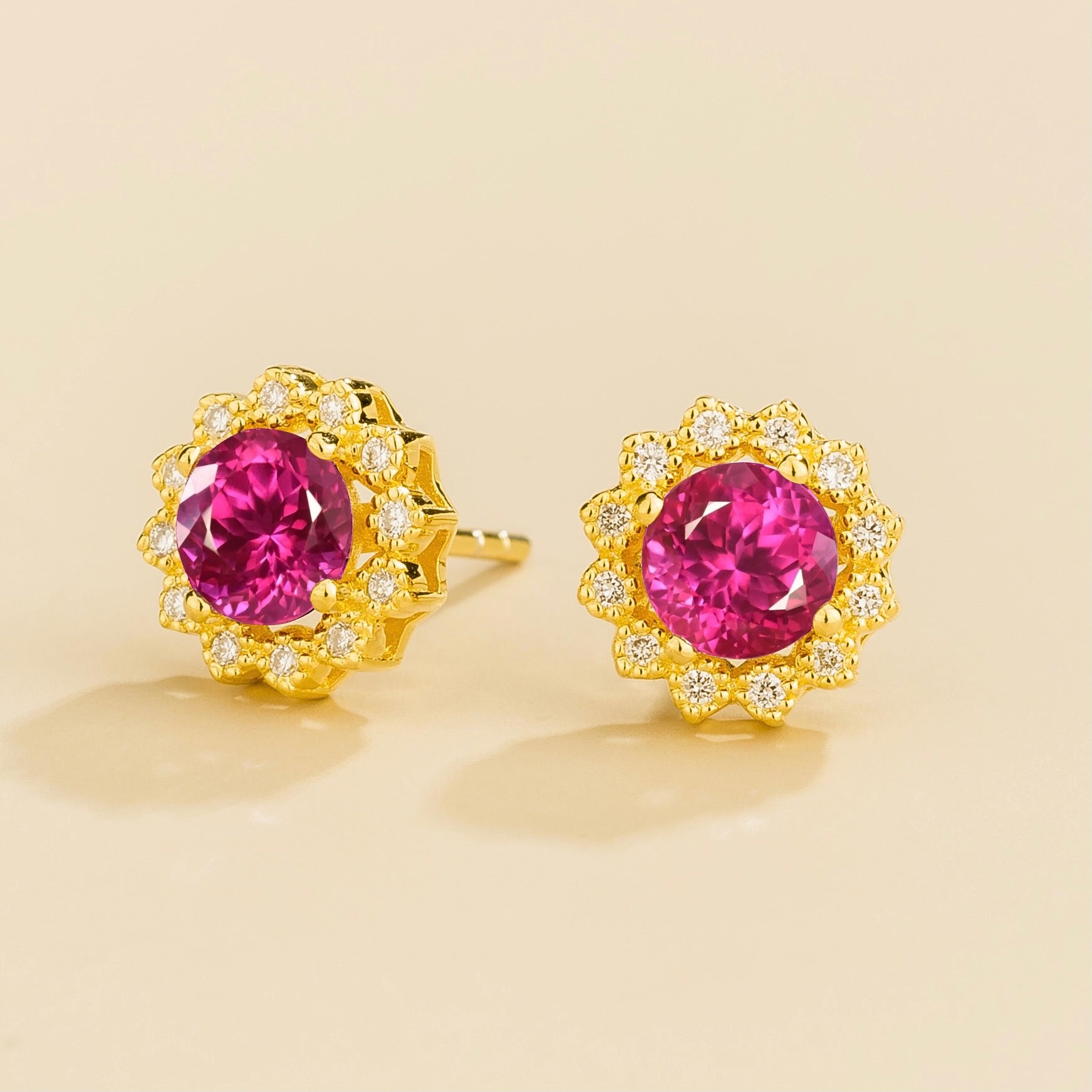 Solen Vivid Pink Sapphire Round & Diamond Halo Stud Earrings in Gold