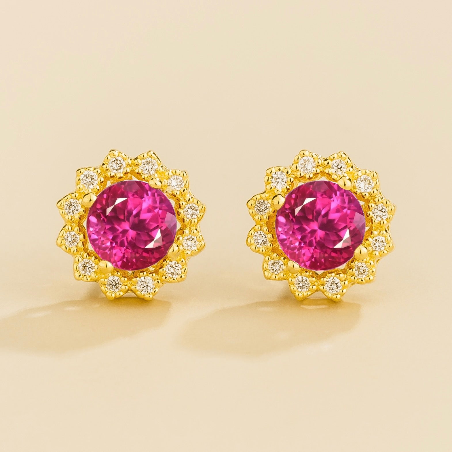 Solen Vivid Pink Sapphire Round & Diamond Halo Stud Earrings in Gold
