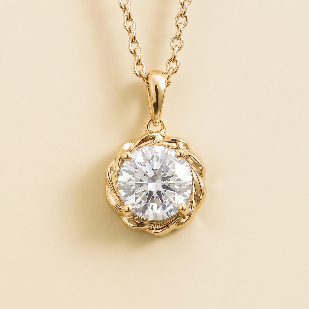 A gold necklace with a round diamond and detailed halo pendant on a chain.