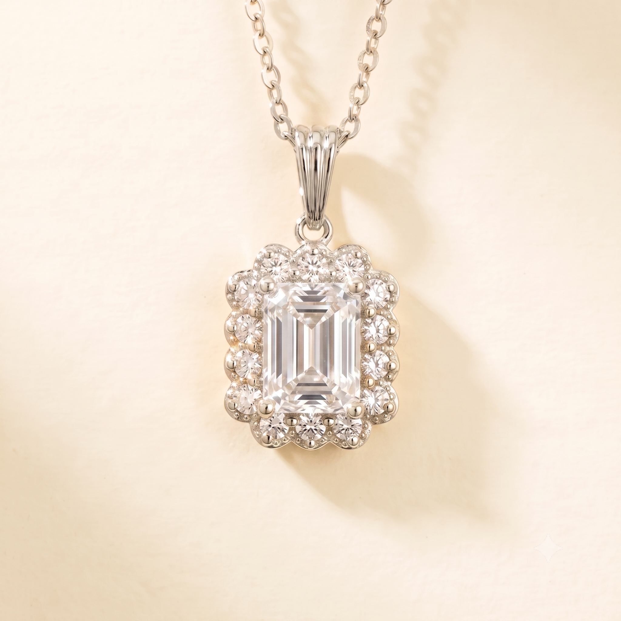 Verda Diamond Emerald-Cut & Diamond Halo Pendant Necklace in White Gold