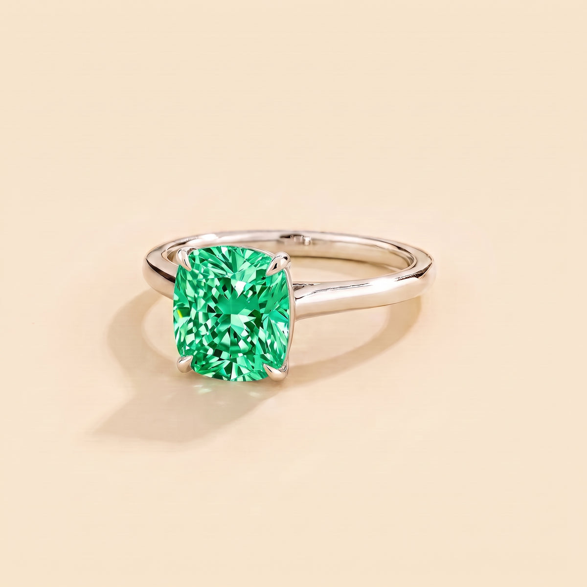 Iris Cushion Shape Green Sapphire Cathedral Solitaire Ring three quarter