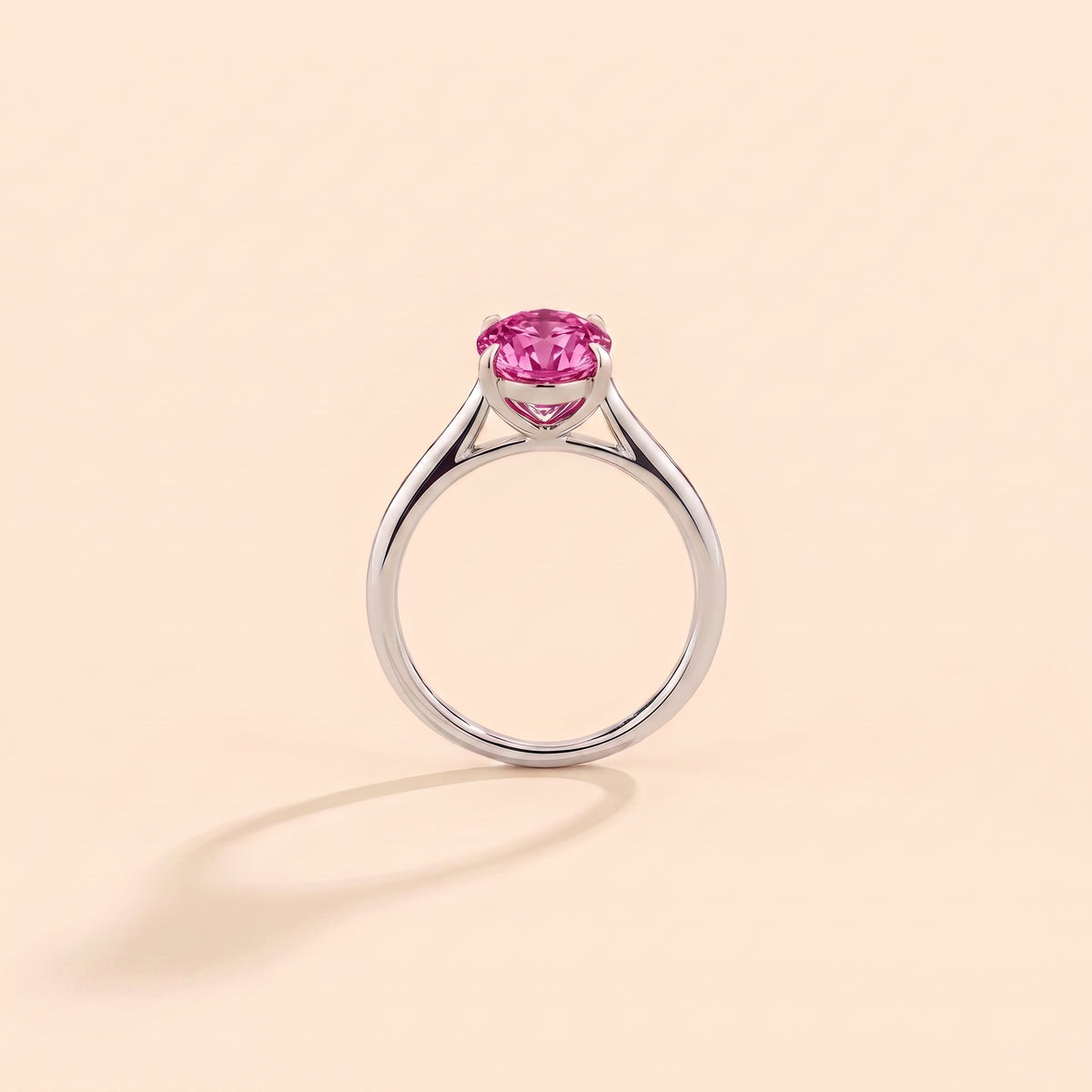 Pandal Oval Shape Vivid Pink Sapphire Cathedral Solitaire Ring side profile