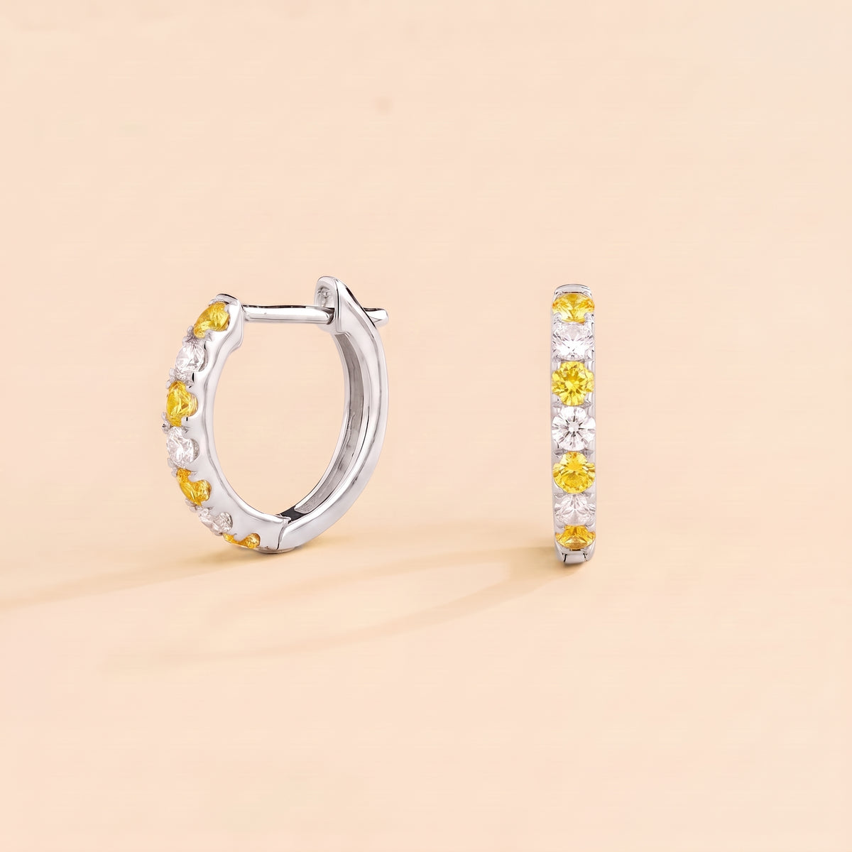 Stacy Yellow Sapphire & Diamond Huggie Hoop Earrings in White Gold | Juvetti