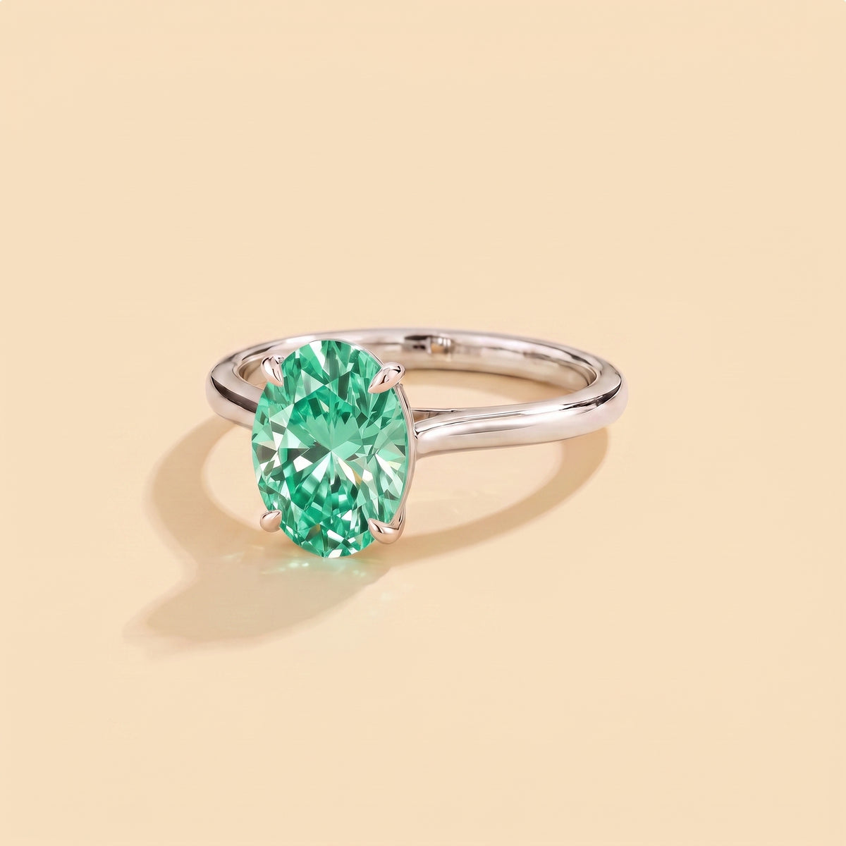 Lyra Oval Shape Green Sapphire Cathedral Solitaire Ring three quarter