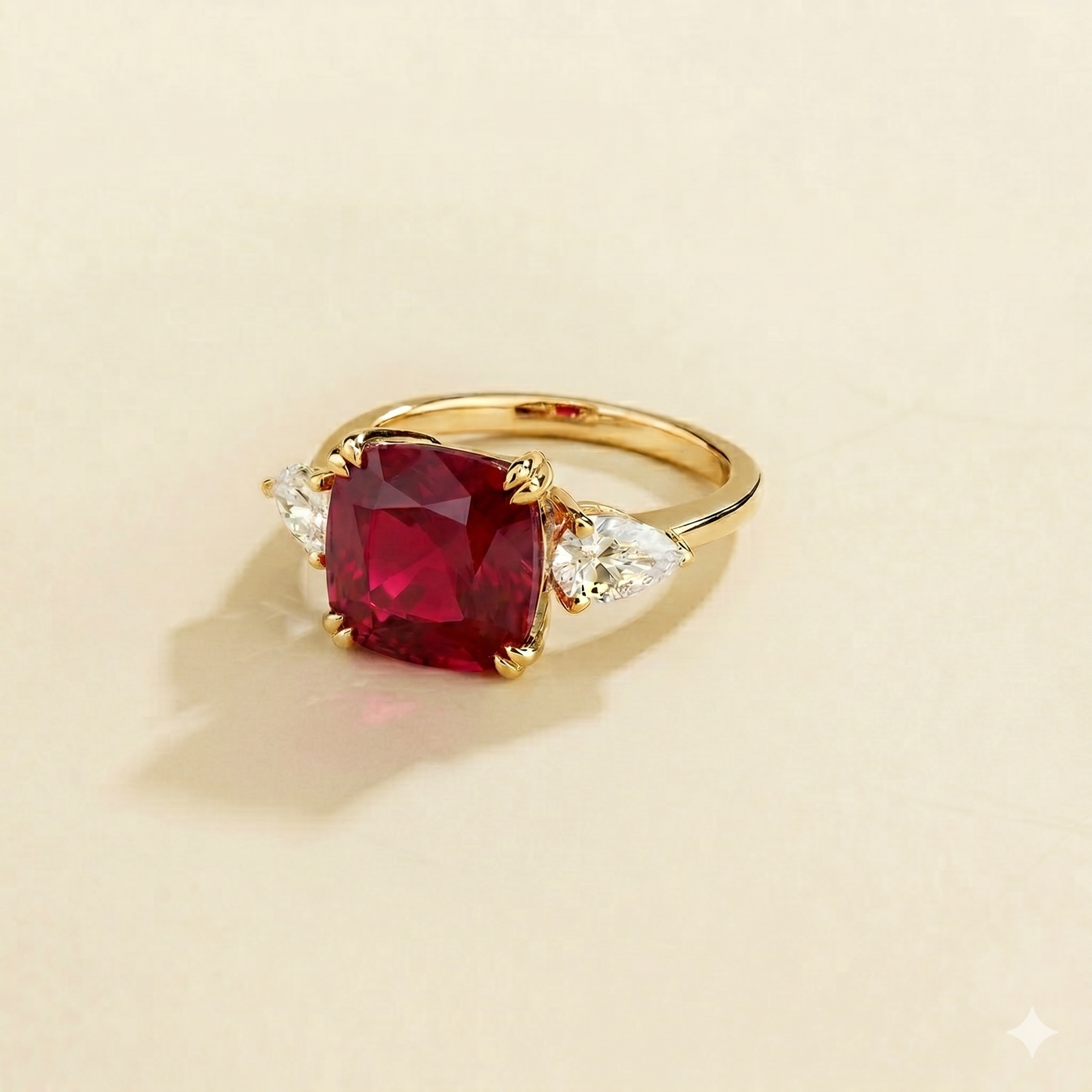 Pari Ruby Cushion Cut & Diamond Pear Cut Gold Ring