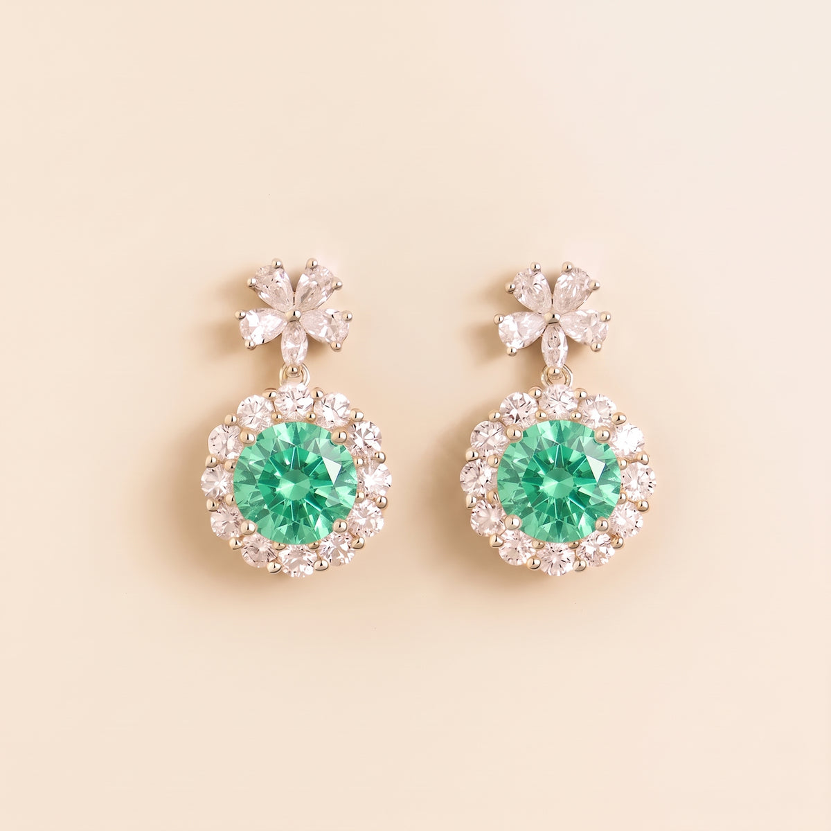 Antoinette Round Green Sapphire & Diamond Halo Pendant Earrings with Flower Bail front