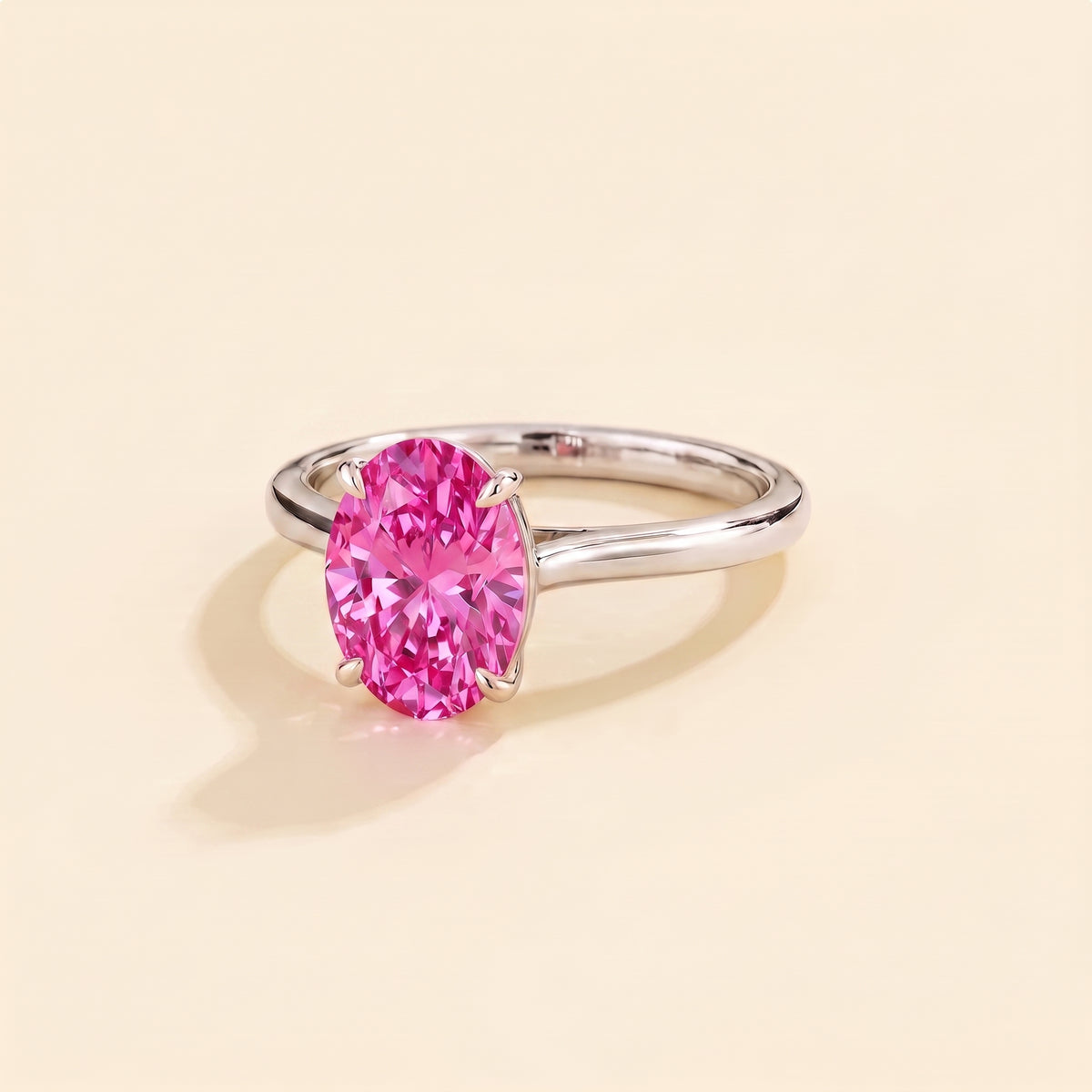 Lyra Oval Shape Vivid Pink Sapphire Cathedral Solitaire Ring three quarter