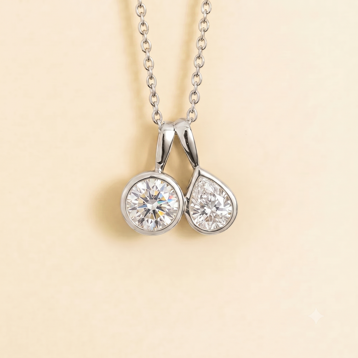 Prunus Diamond Round & Pear Cut Bezel Set Two-Stone Pendant White Gold Necklace by Juvetti London