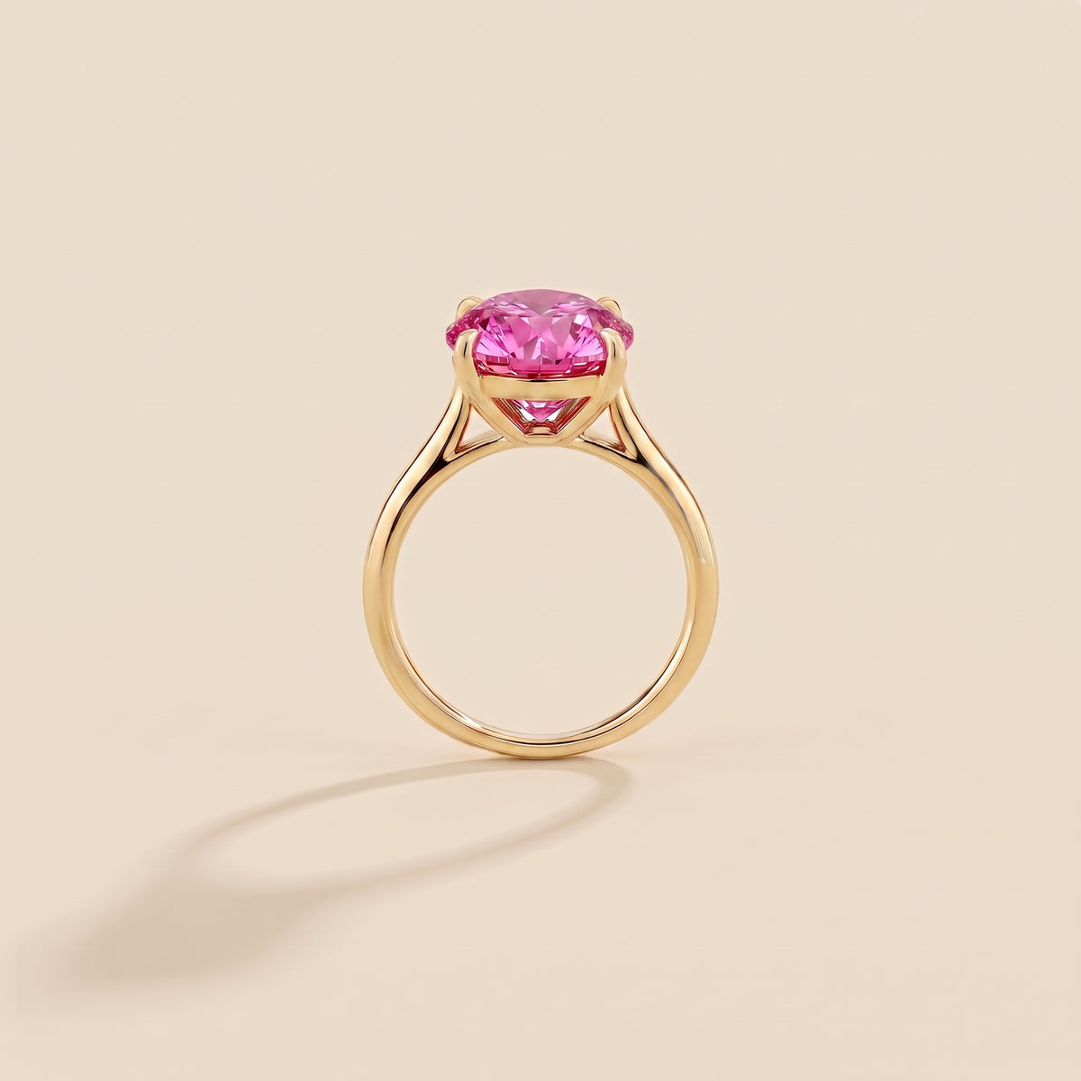 Iris Cushion Shape Vivid Pink Sapphire Cathedral Solitaire Ring side profile