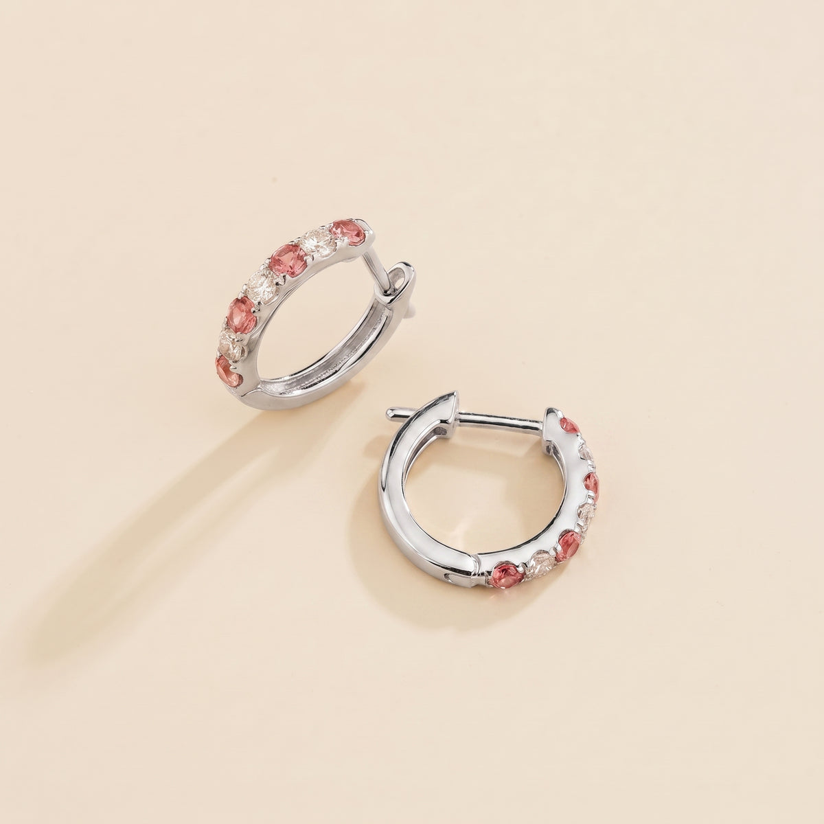 Stacy Padparadscha Sapphire & Diamond Huggie Hoop Earrings in White Gold | Juvetti