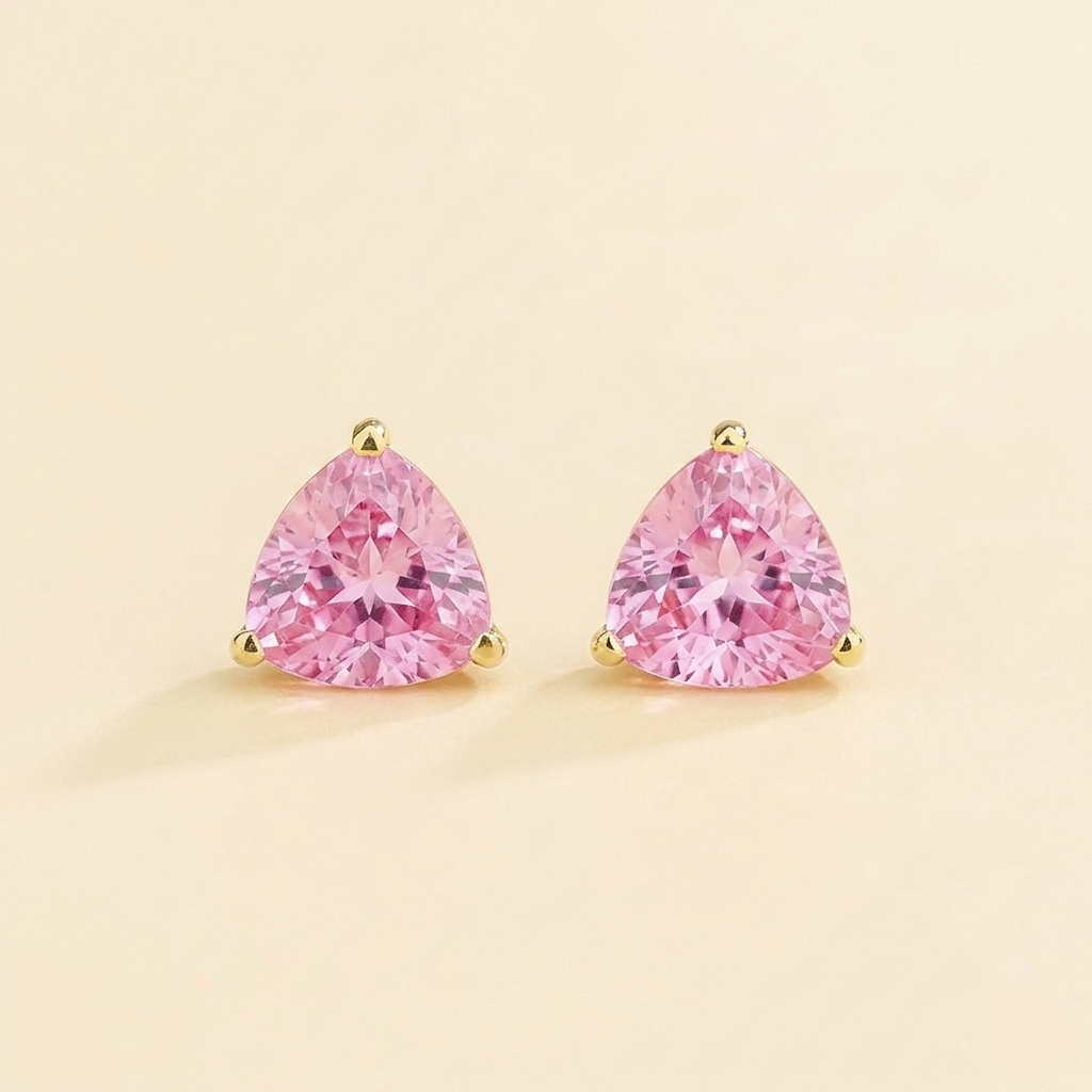 Trillion Pink Sapphire Solitaire Stud Earrings in Gold