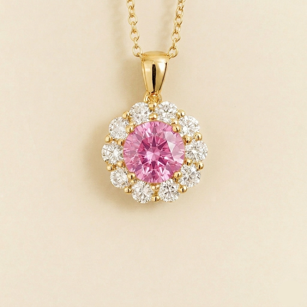 Round lab-grown pastel pink sapphire and diamond halo pendant necklace, Floret design in gold | Juvetti London